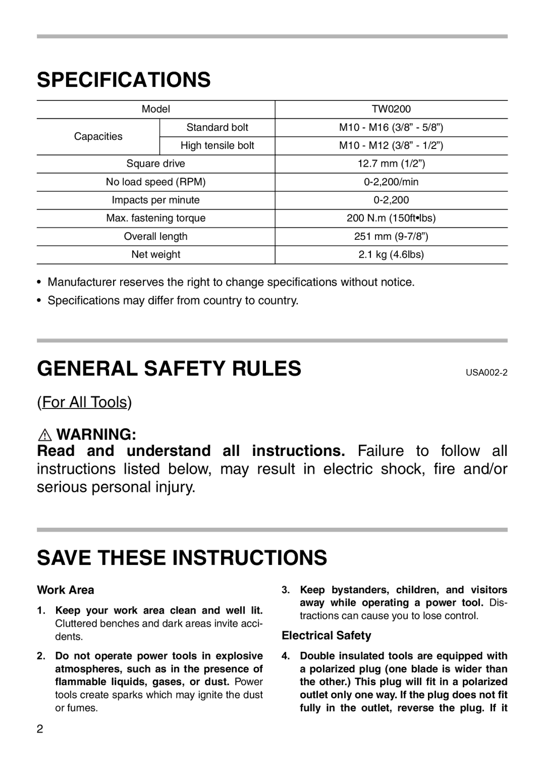 Makita TW0200 instruction manual Specifications 