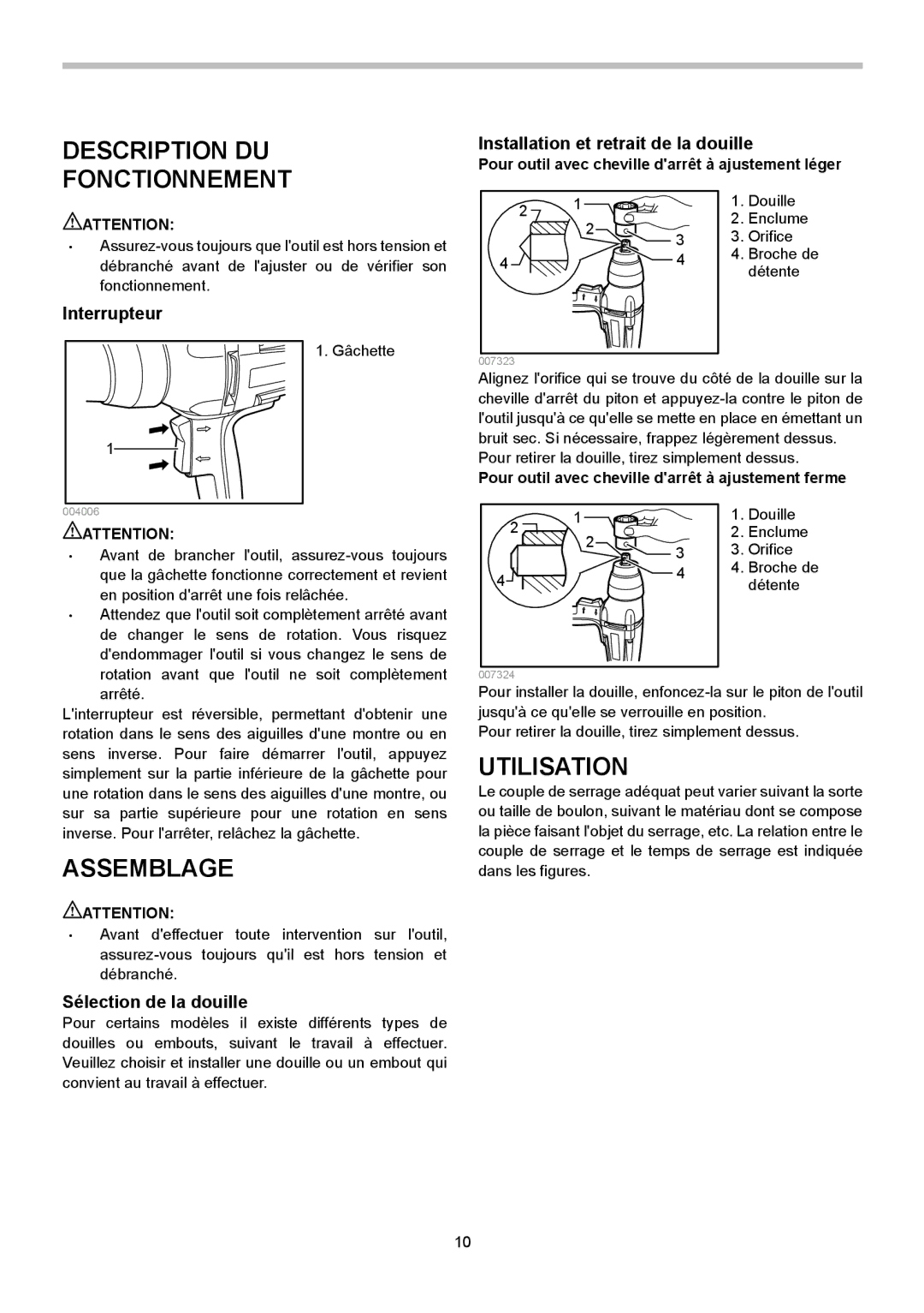 Makita TW0350 Assemblage, Utilisation, Installation et retrait de la douille, Interrupteur, Sélection de la douille 