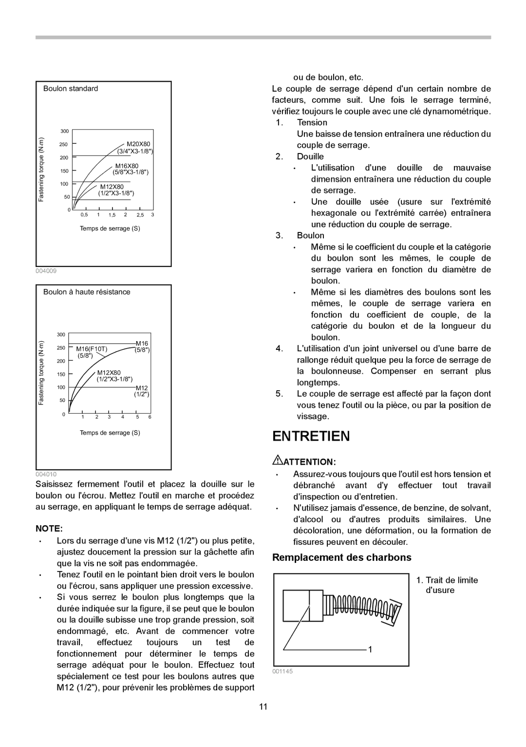 Makita TW0350 instruction manual Entretien, Remplacement des charbons 