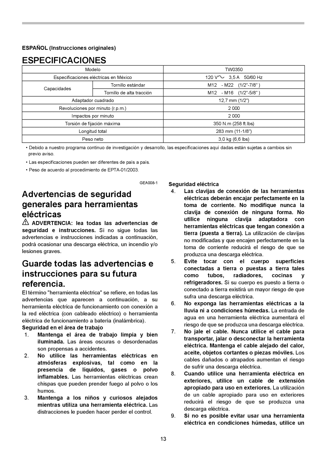 Makita TW0350 instruction manual Especificaciones, Español Instrucciones originales 