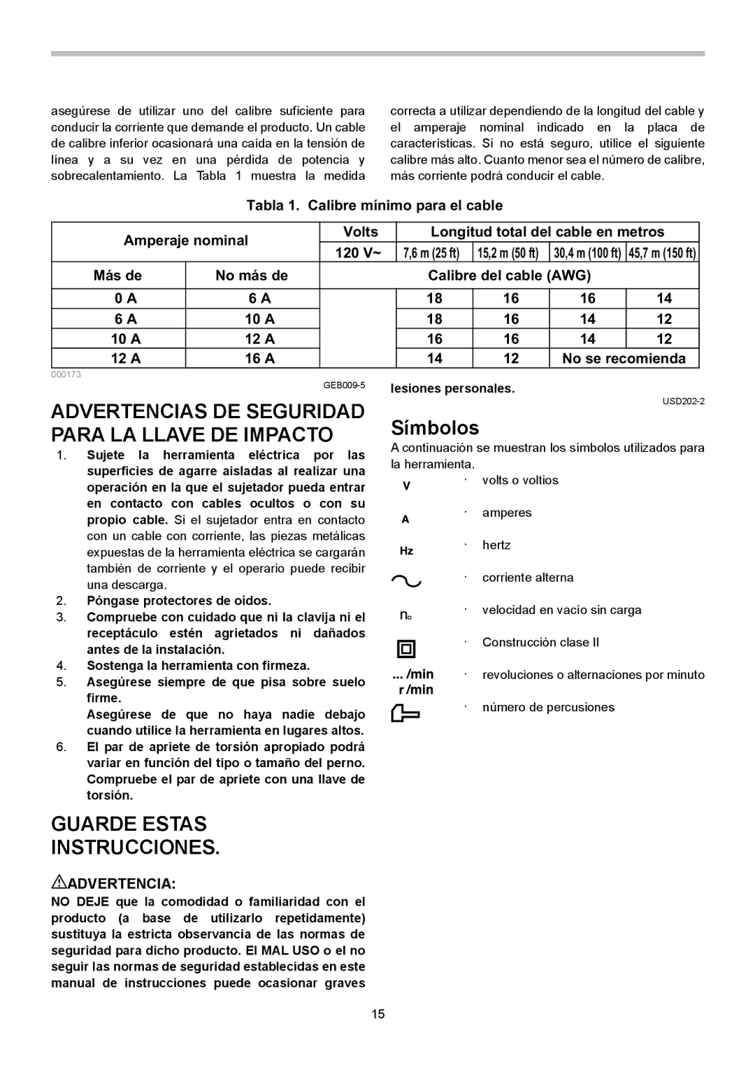 Makita TW0350 instruction manual Advertencias DE Seguridad Para LA Llave DE Impacto, Símbolos, Guarde Estas Instrucciones 