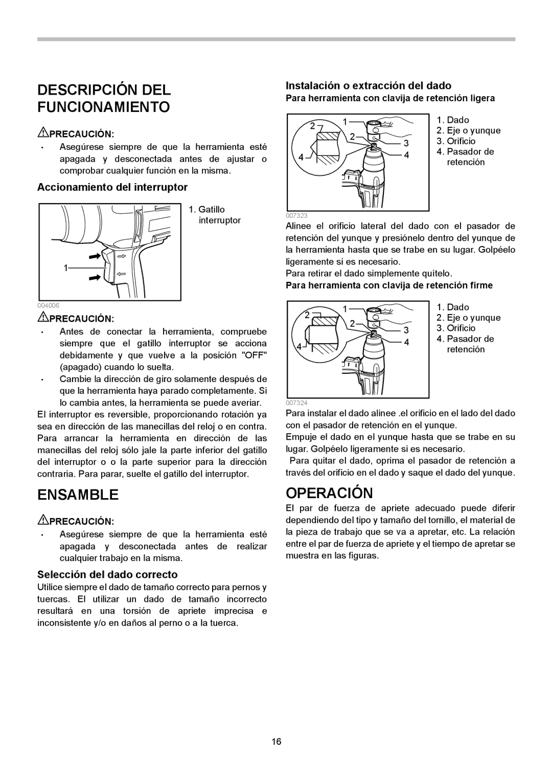 Makita TW0350 instruction manual Descripción DEL Funcionamiento, Ensamble, Operación, Selección del dado correcto 