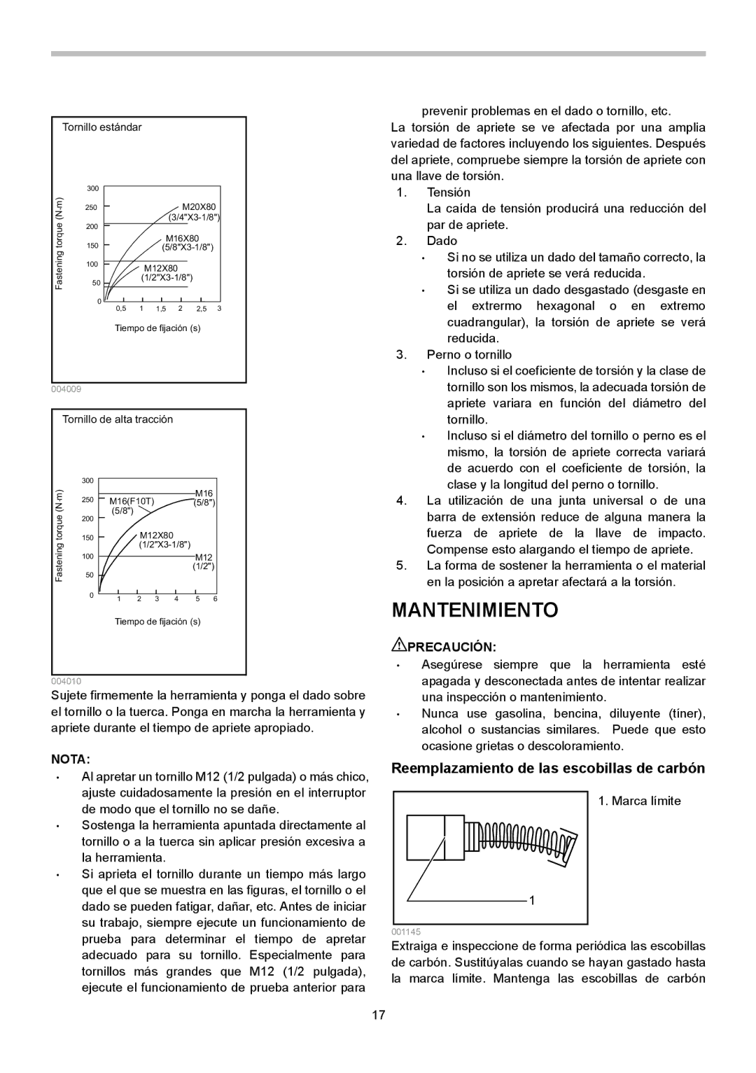 Makita TW0350 instruction manual Mantenimiento, Reemplazamiento de las escobillas de carbón 