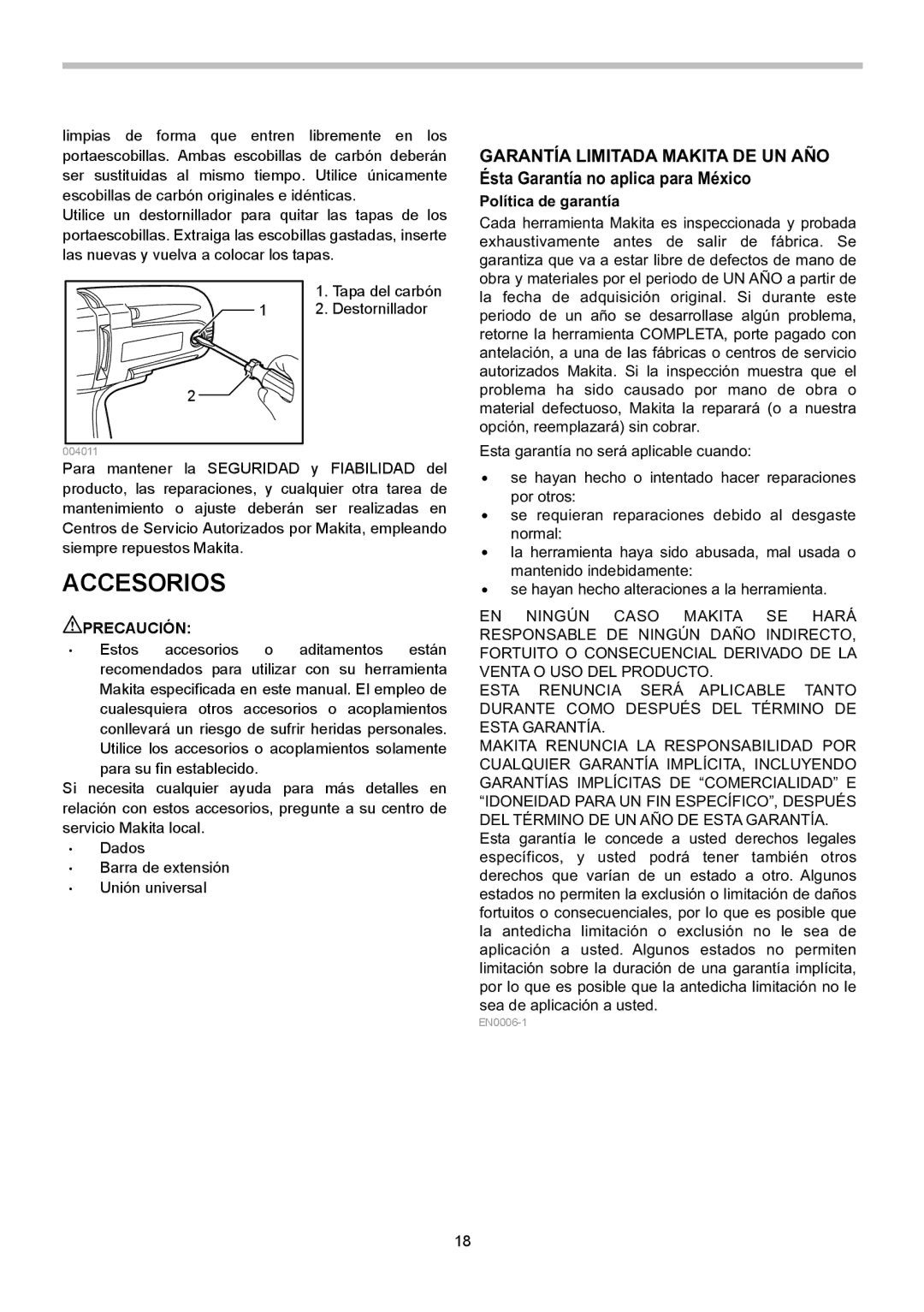 Makita TW0350 instruction manual Accesorios, Política de garantía 