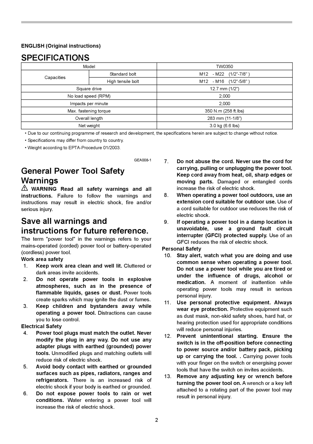 Makita TW0350 instruction manual Specifications, General Power Tool Safety Warnings, English Original instructions 