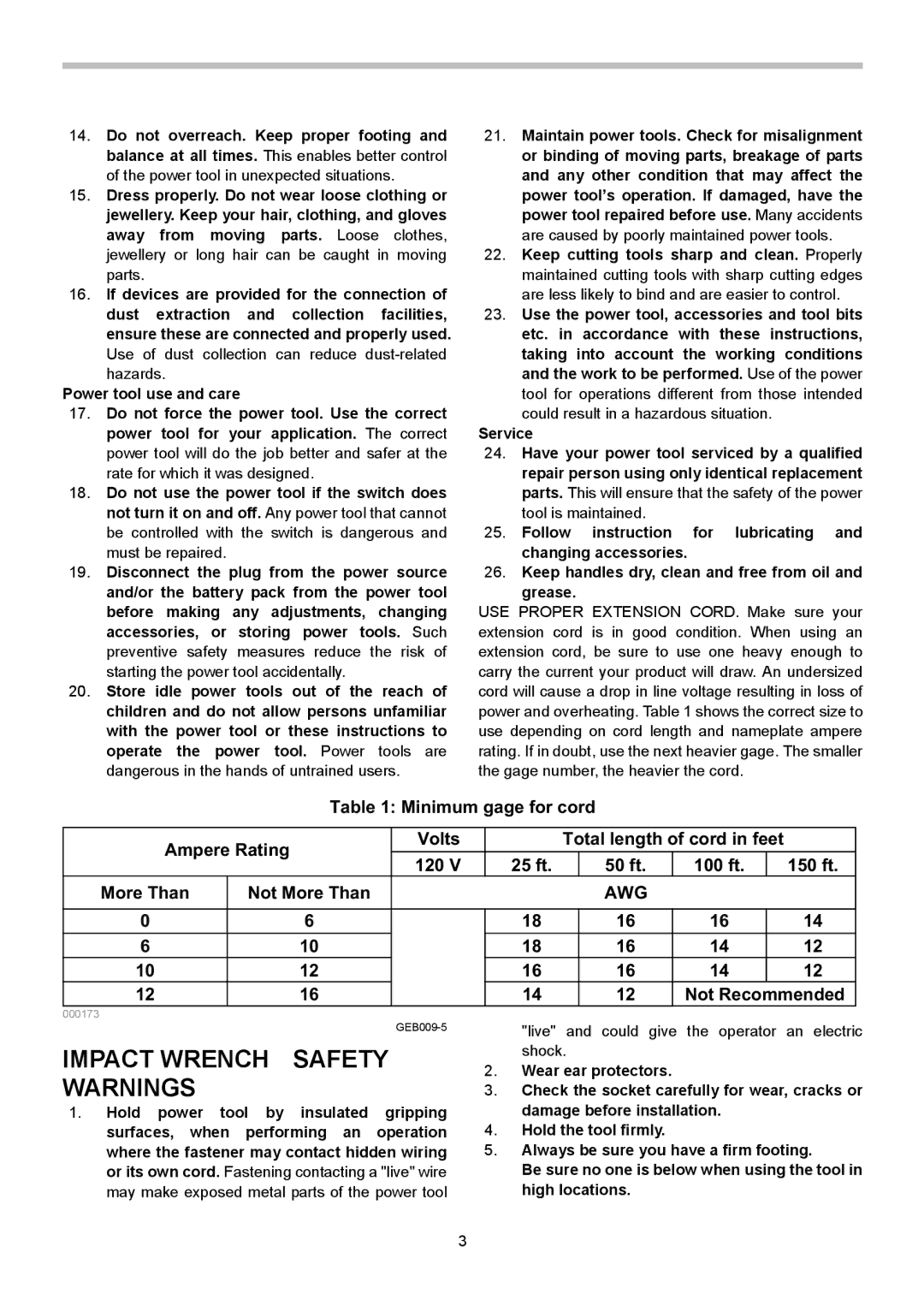 Makita TW0350 instruction manual Impact Wrench Safety Warnings, Minimum gage for cord Ampere Rating Volts, Awg 