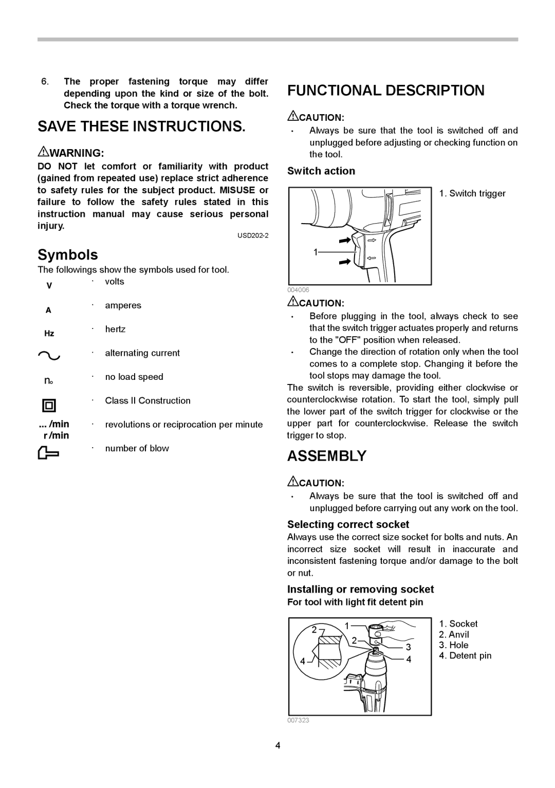 Makita TW0350 instruction manual Functional Description, Symbols, Assembly 