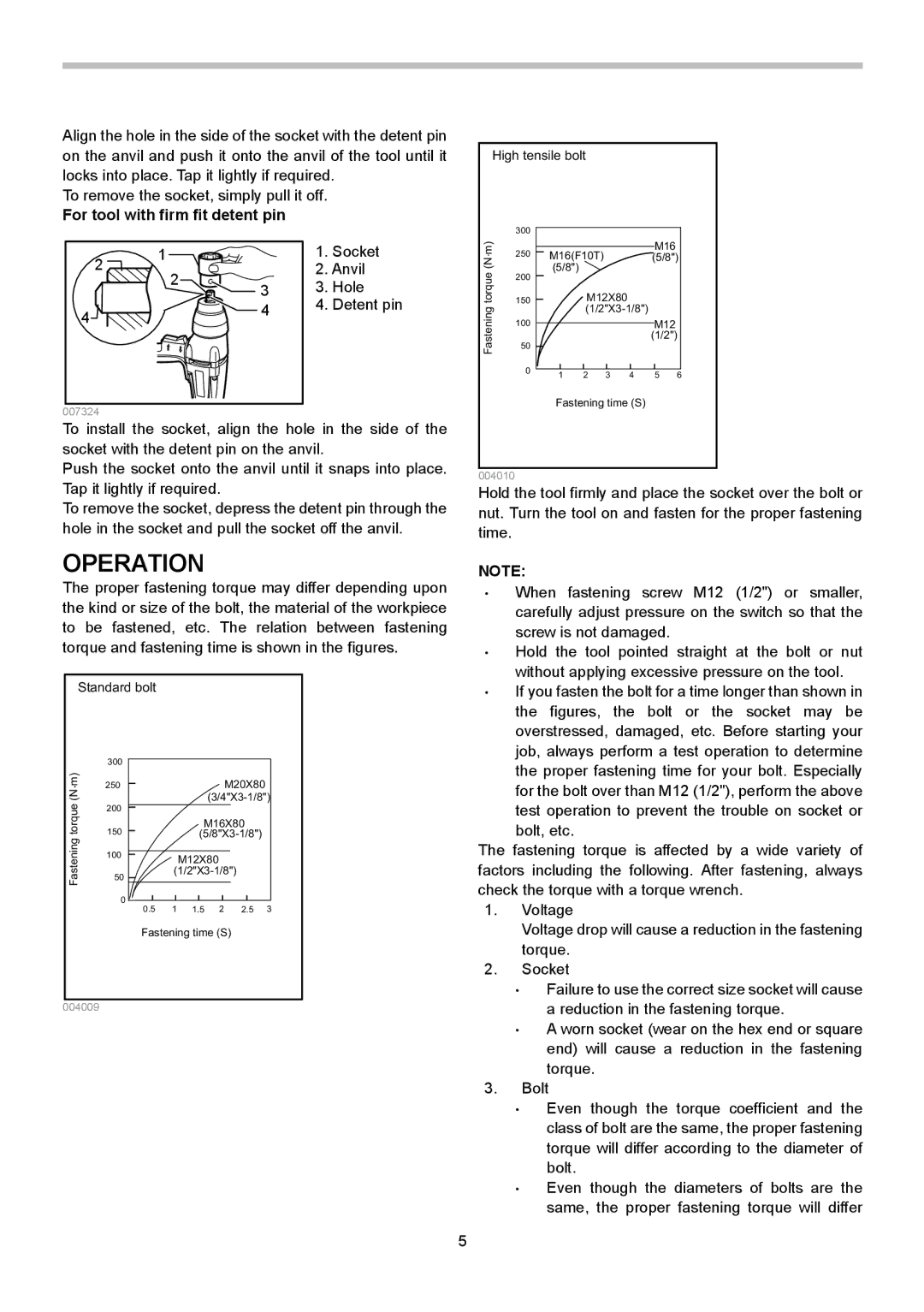 Makita TW0350 instruction manual Operation, For tool with firm fit detent pin 