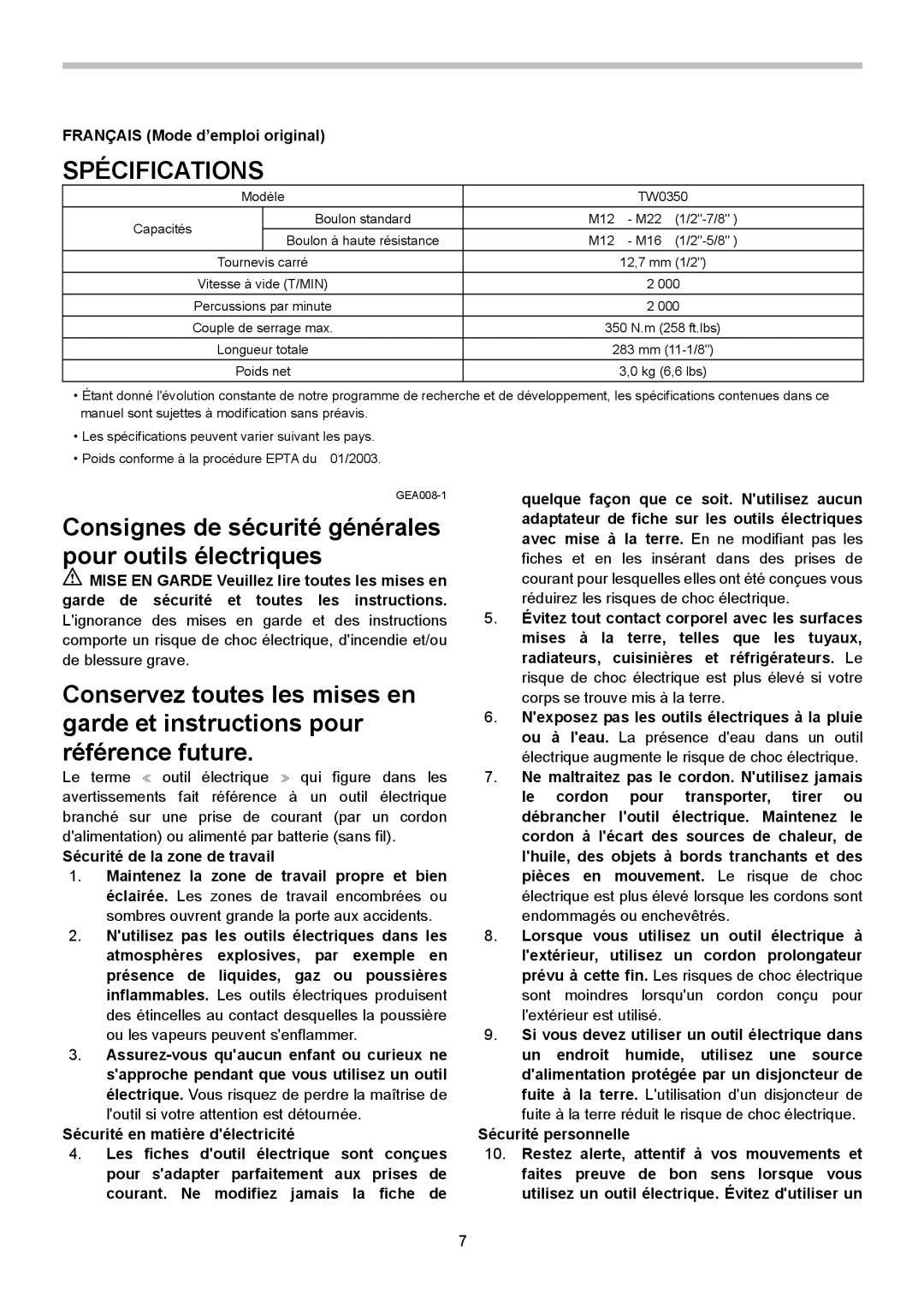 Makita TW0350 instruction manual Spécifications, Français Mode d’emploi original, Sécurité personnelle 