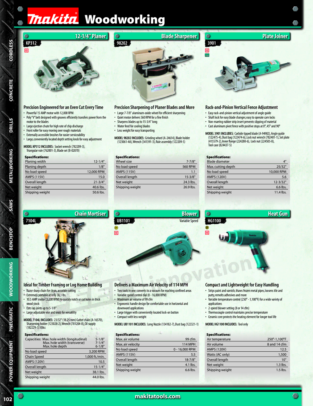 Makita 98202, UB1101, HG1100 specifications 12-1/4 Planer Blade Sharpener Plate Joiner, Chain Mortiser, Makitatools.com 