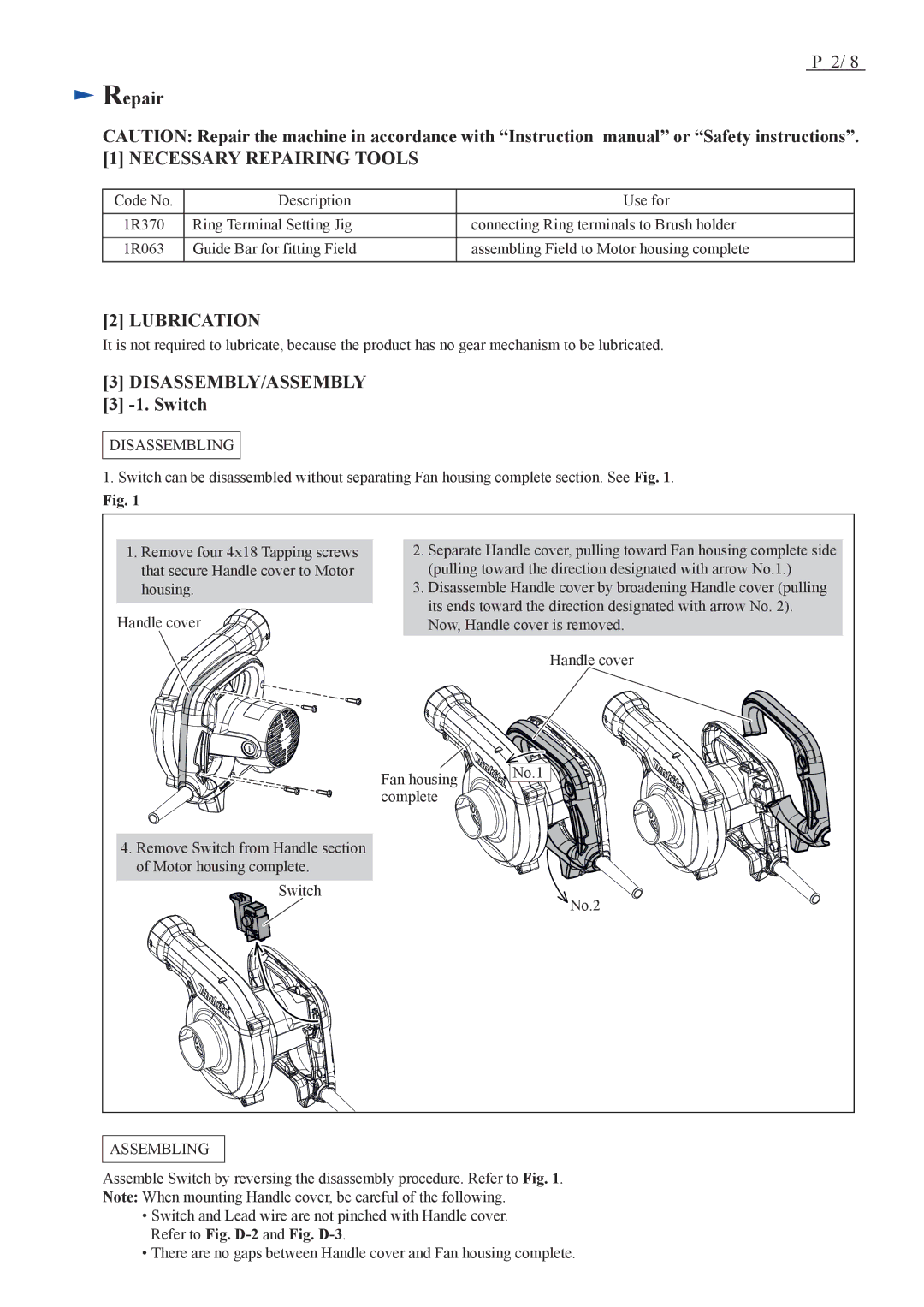 Makita UB1103, UB1102 dimensions Repair, Switch 