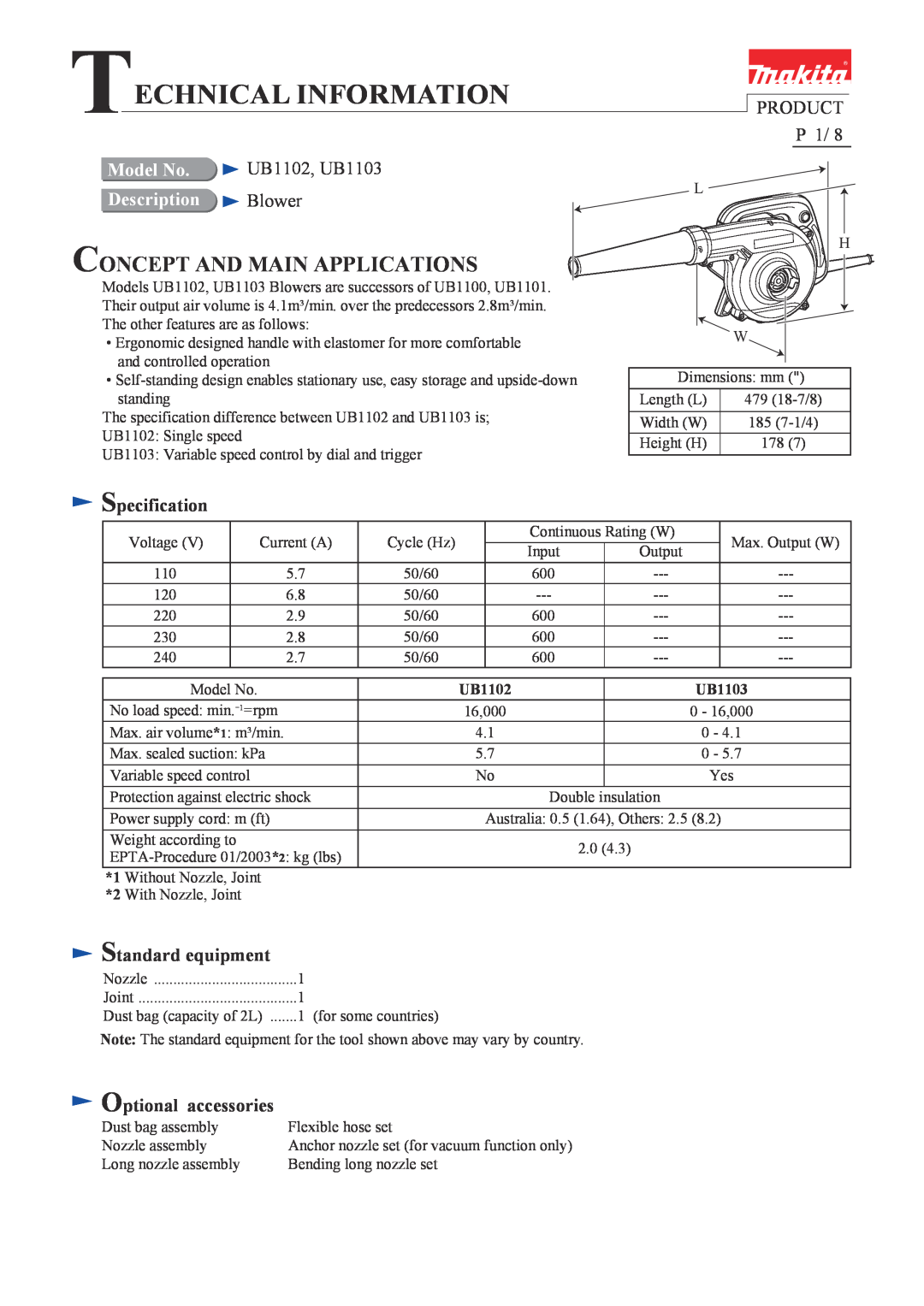 Makita dimensions Product, UB1102, UB1103, Blower, Specification, Standard equipment, Optional accessories, Model No 