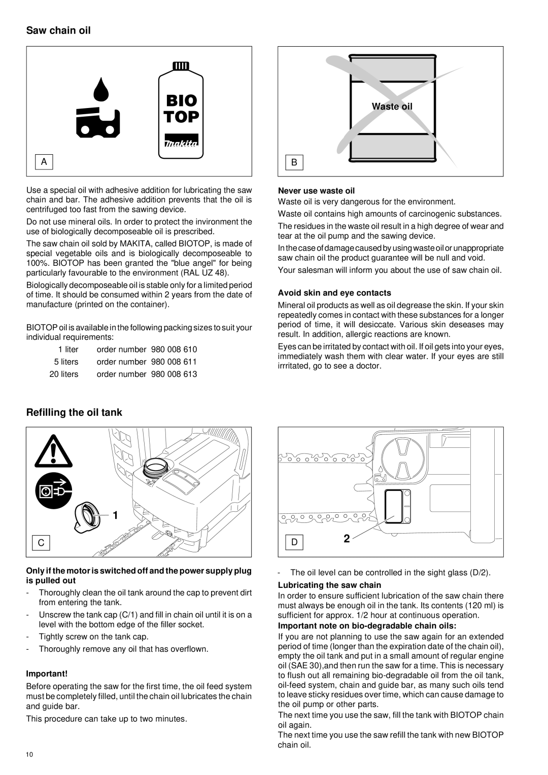 Makita UC 3000, UC 3500, UC 4000 manual Saw chain oil, Refilling the oil tank, Waste oil 