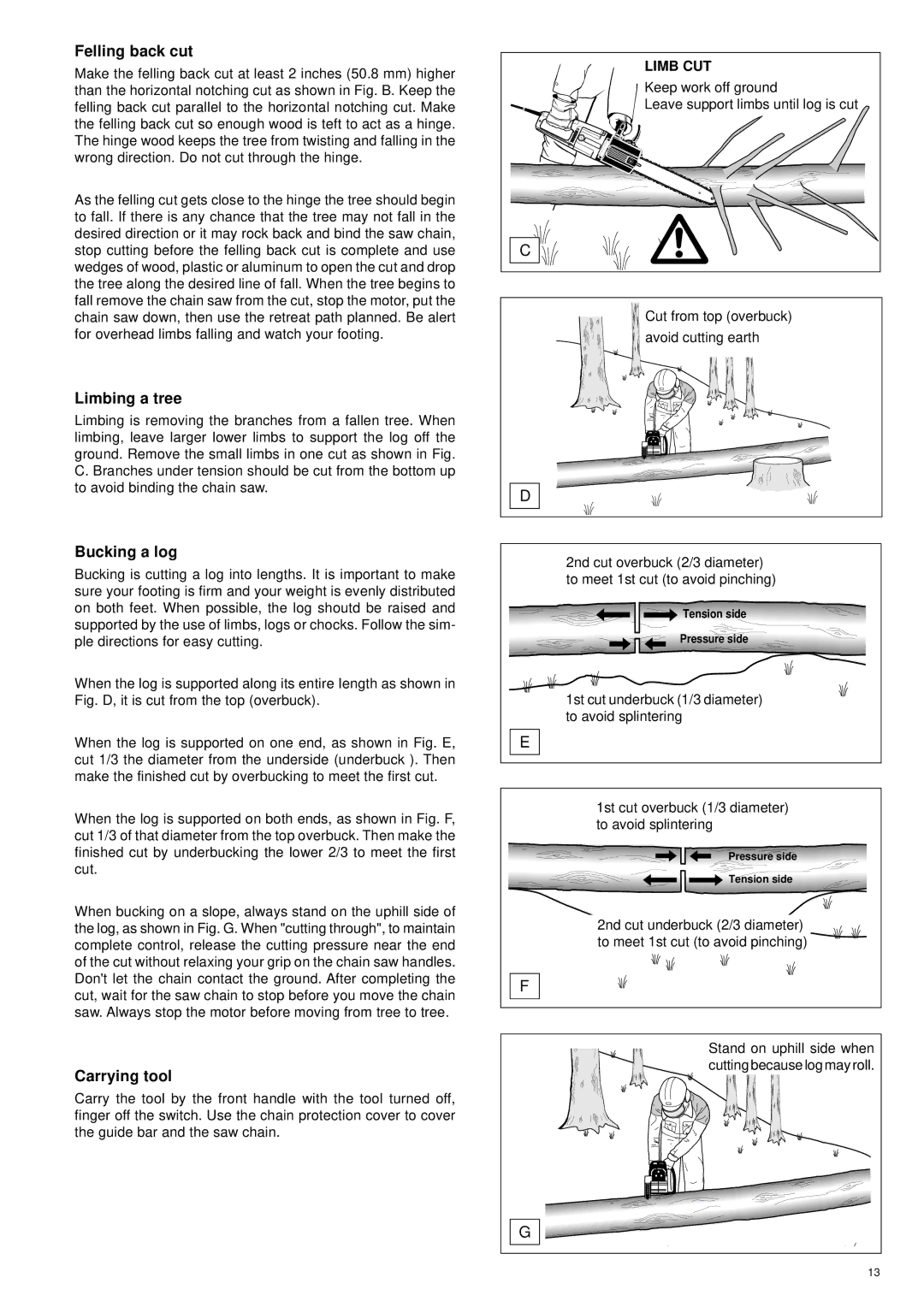 Makita UC 3000, UC 3500, UC 4000 manual Felling back cut, Limbing a tree, Bucking a log, Carrying tool, Limb CUT 