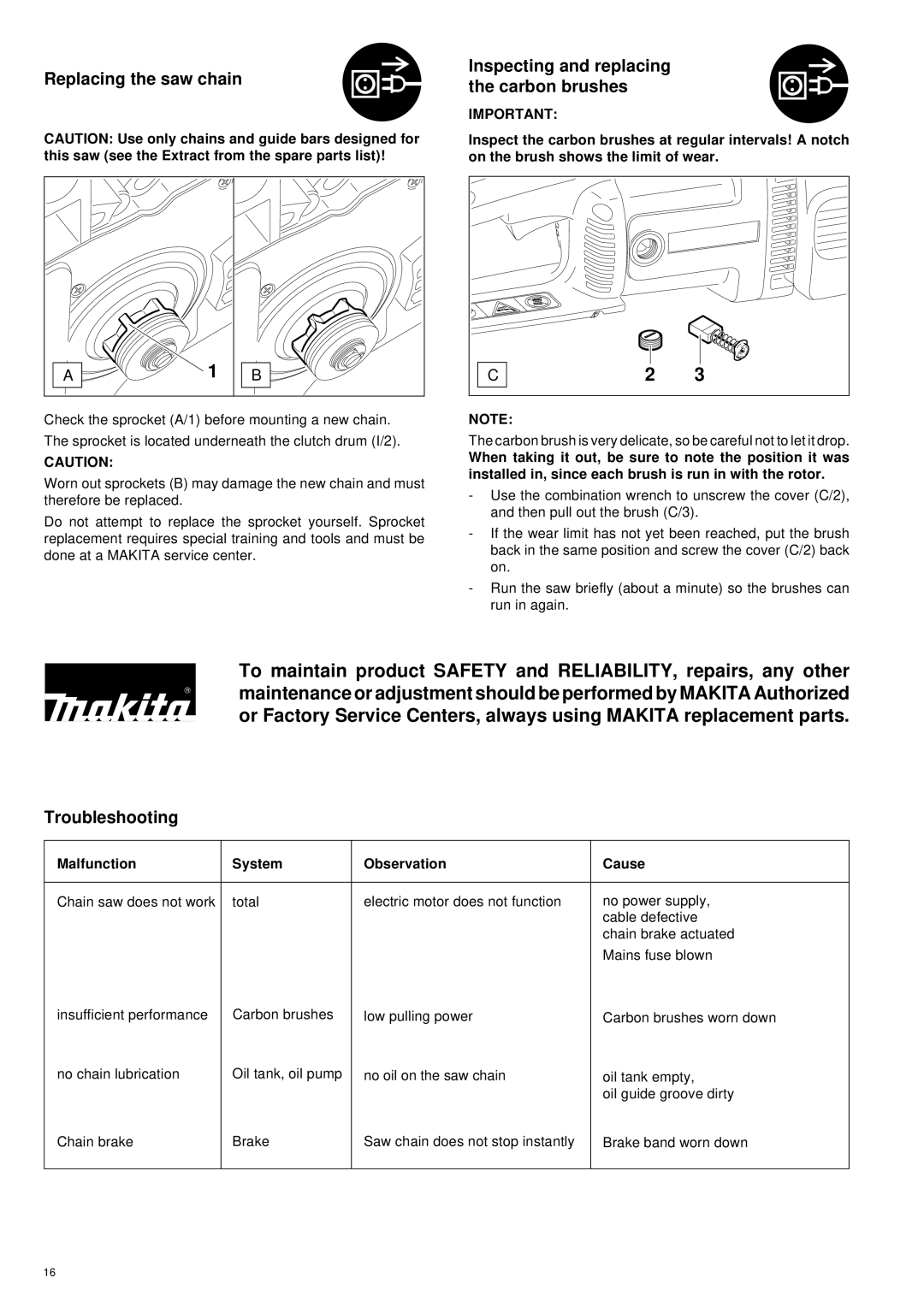 Makita UC 3000, UC 3500, UC 4000 manual Replacing the saw chain, Inspecting and replacing the carbon brushes 