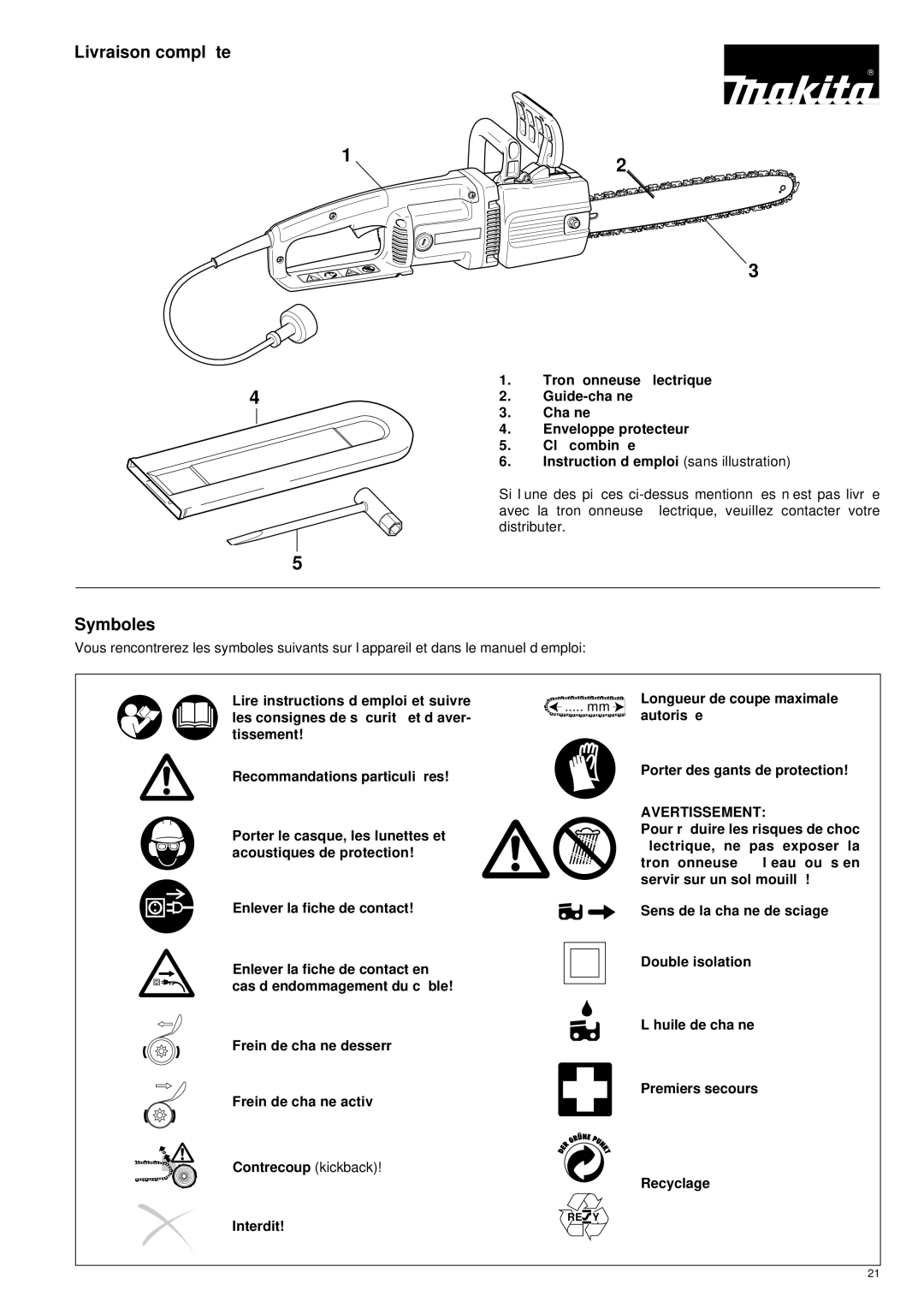 Makita UC 3000, UC 3500, UC 4000 manual Livraison complè te, Symboles, Avertissement 