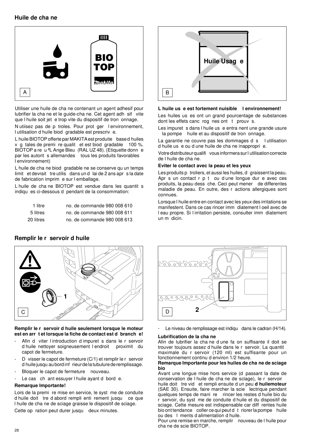 Makita UC 3000, UC 3500, UC 4000 manual Huile Usagé e, Huile de chaîne, Remplir le ré servoir d’huile 