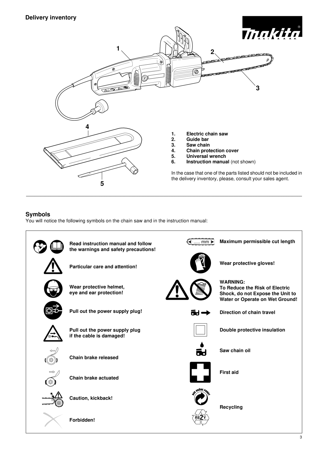 Makita UC 3000, UC 3500, UC 4000 manual Delivery inventory, Symbols 