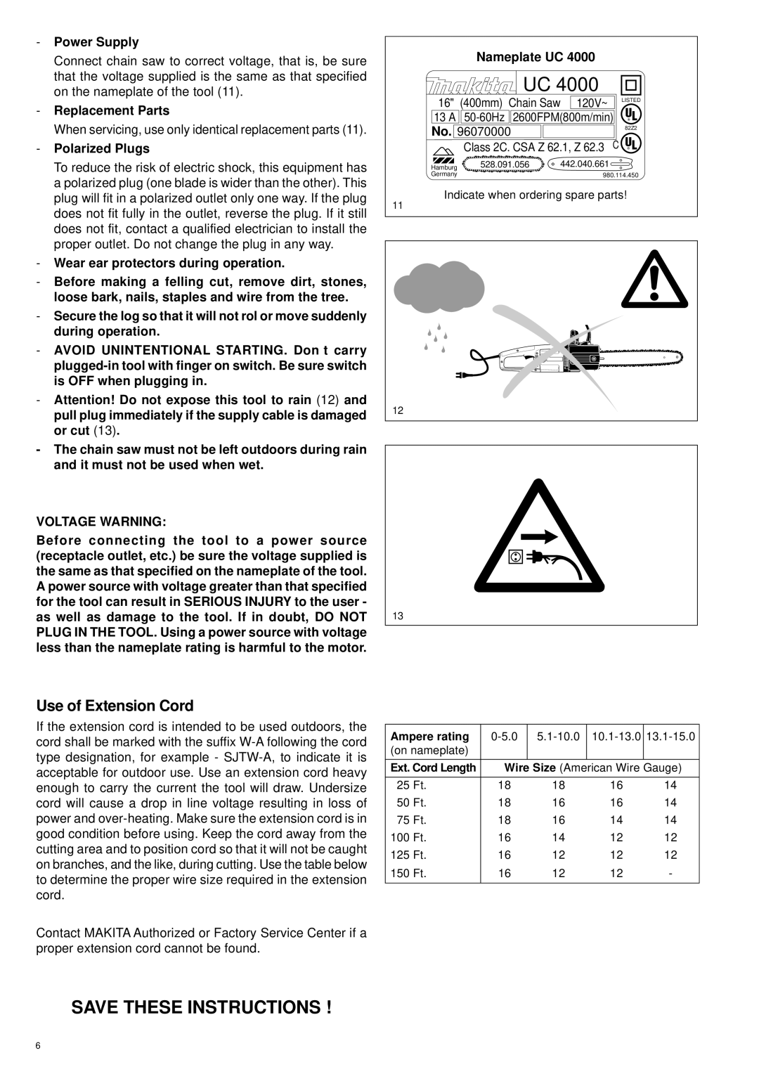 Makita UC 3000, UC 3500, UC 4000 Use of Extension Cord, Power Supply, Replacement Parts, Polarized Plugs, Nameplate UC 