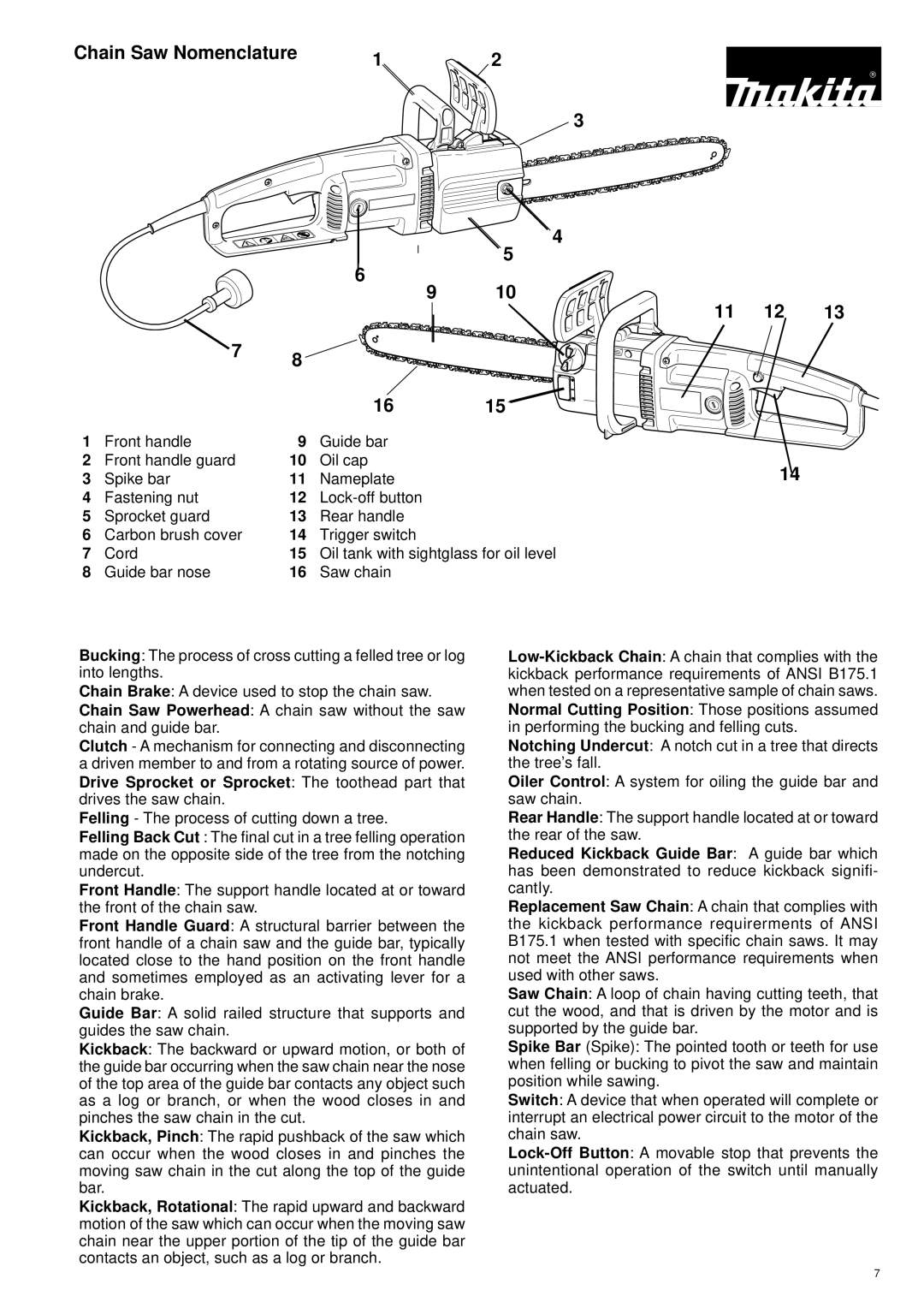 Makita UC 3000, UC 3500, UC 4000 manual Chain Saw Nomenclature 