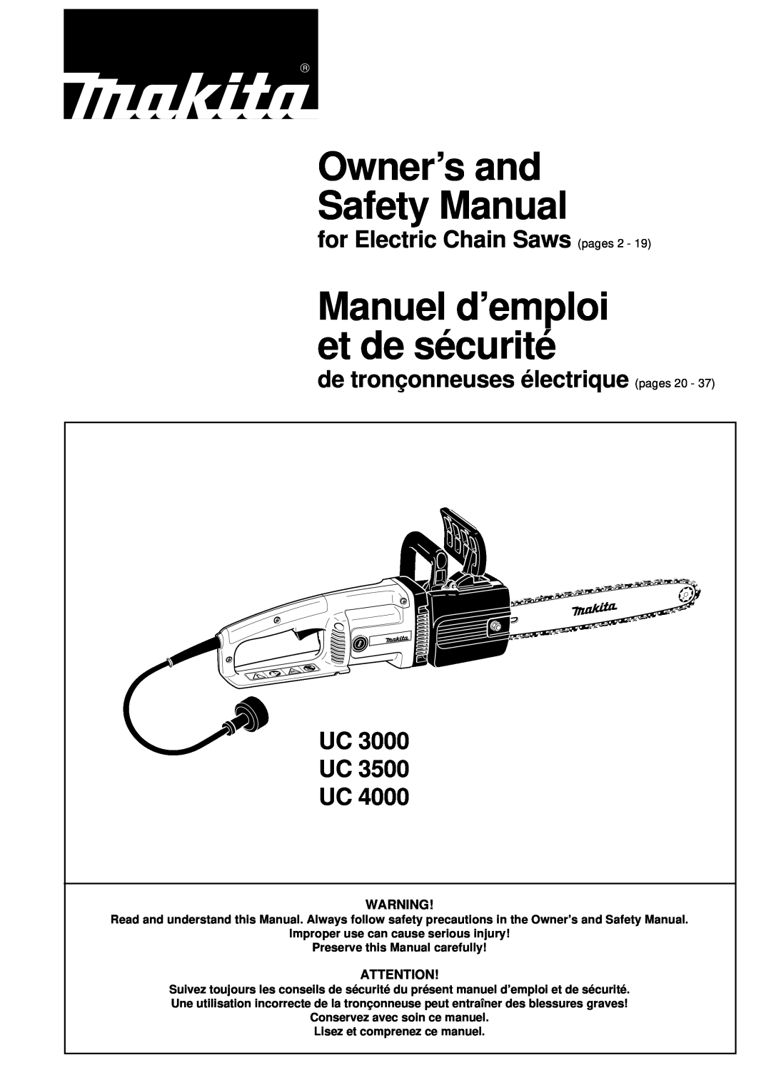 Makita UC 3000, UC 3500, UC 4000 manual for Electric Chain Saws pages, de tronçonneuses électrique pages 20 - UC UC UC 