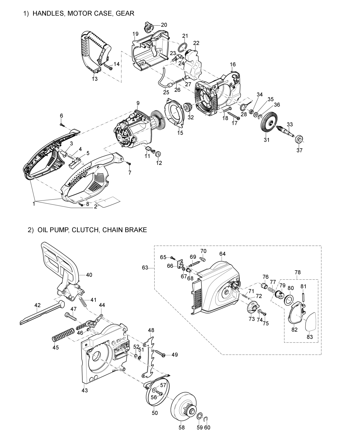 Makita UC3530A, UC4030A manual Handles, Motor Case, Gear, Oil Pump, Clutch, Chain Brake 