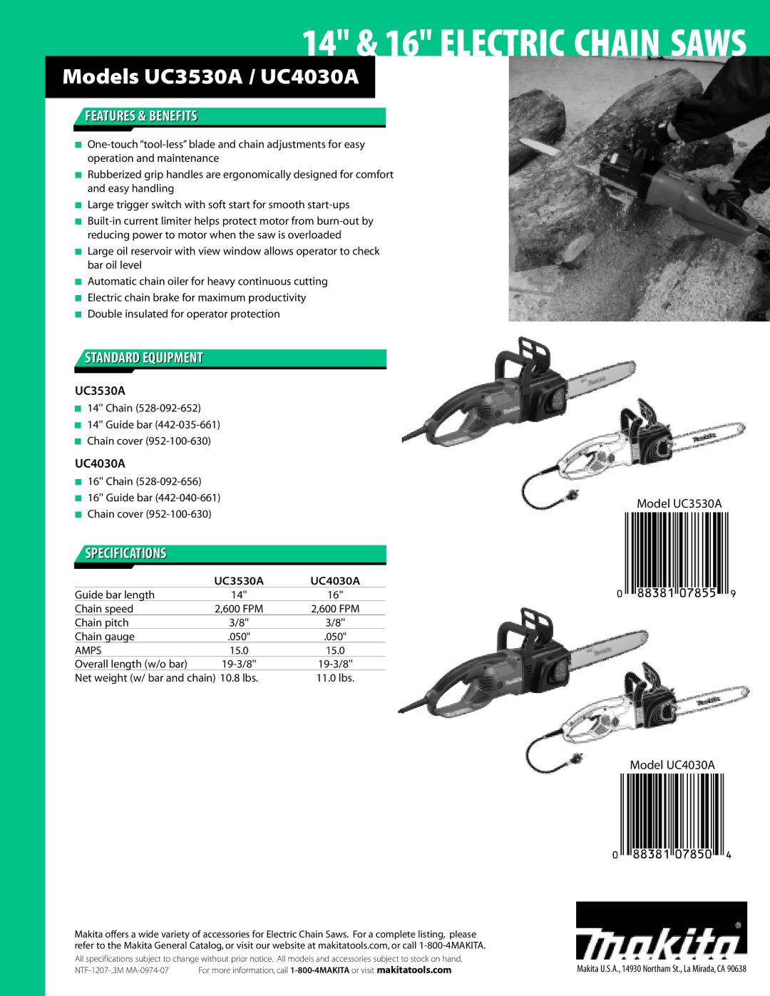 Makita UC4030A (16) manual 14 & 16 Electric Chain Saws, Models UC3530A / UC4030A, Features & Benefits, Standard Equipment 