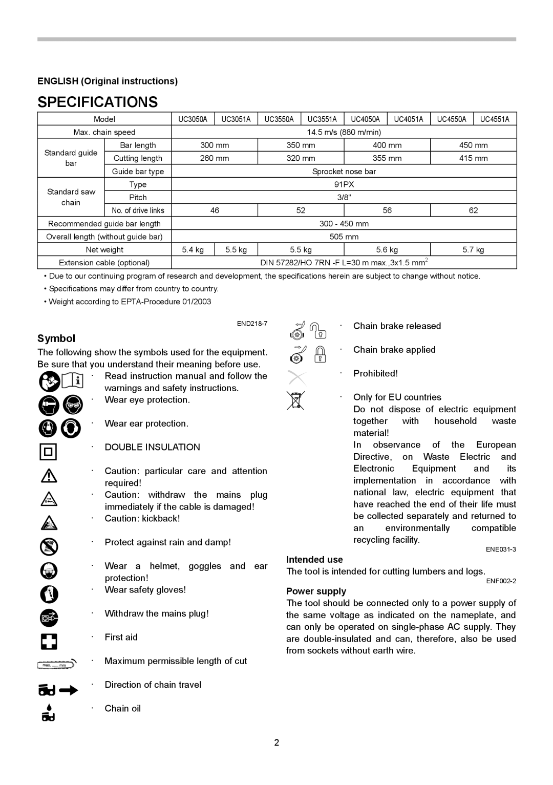 Makita UC4051A, UC4050A, UC4550A, UC4551A Specifications, Symbol, English Original instructions, Intended use, Power supply 