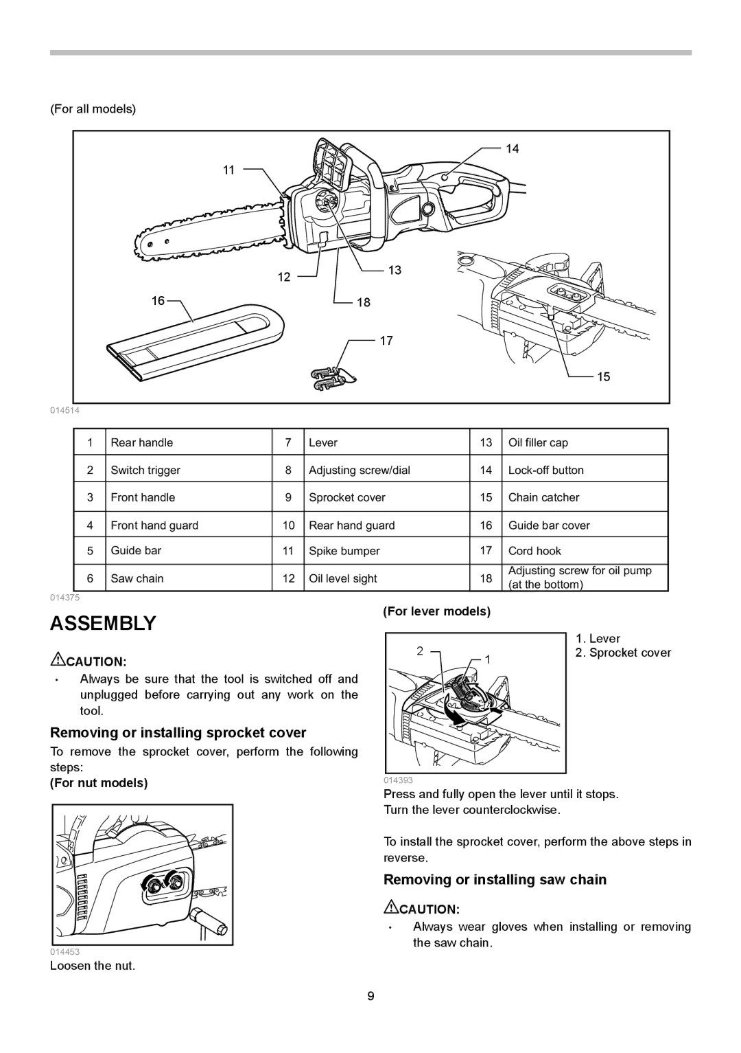 Makita UC4550A, UC4050A Assembly, Removing or installing sprocket cover, Removing or installing saw chain, For nut models 