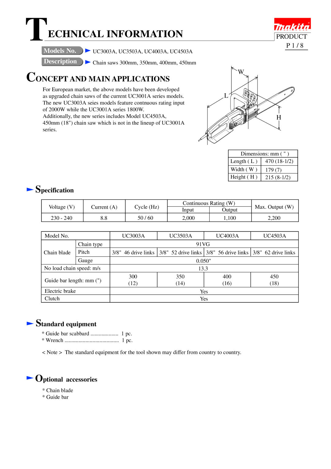 Makita UC4003A, UC4503A, UC3503A, UC3003A specifications Specification, Standard equipment, Optional accessories 