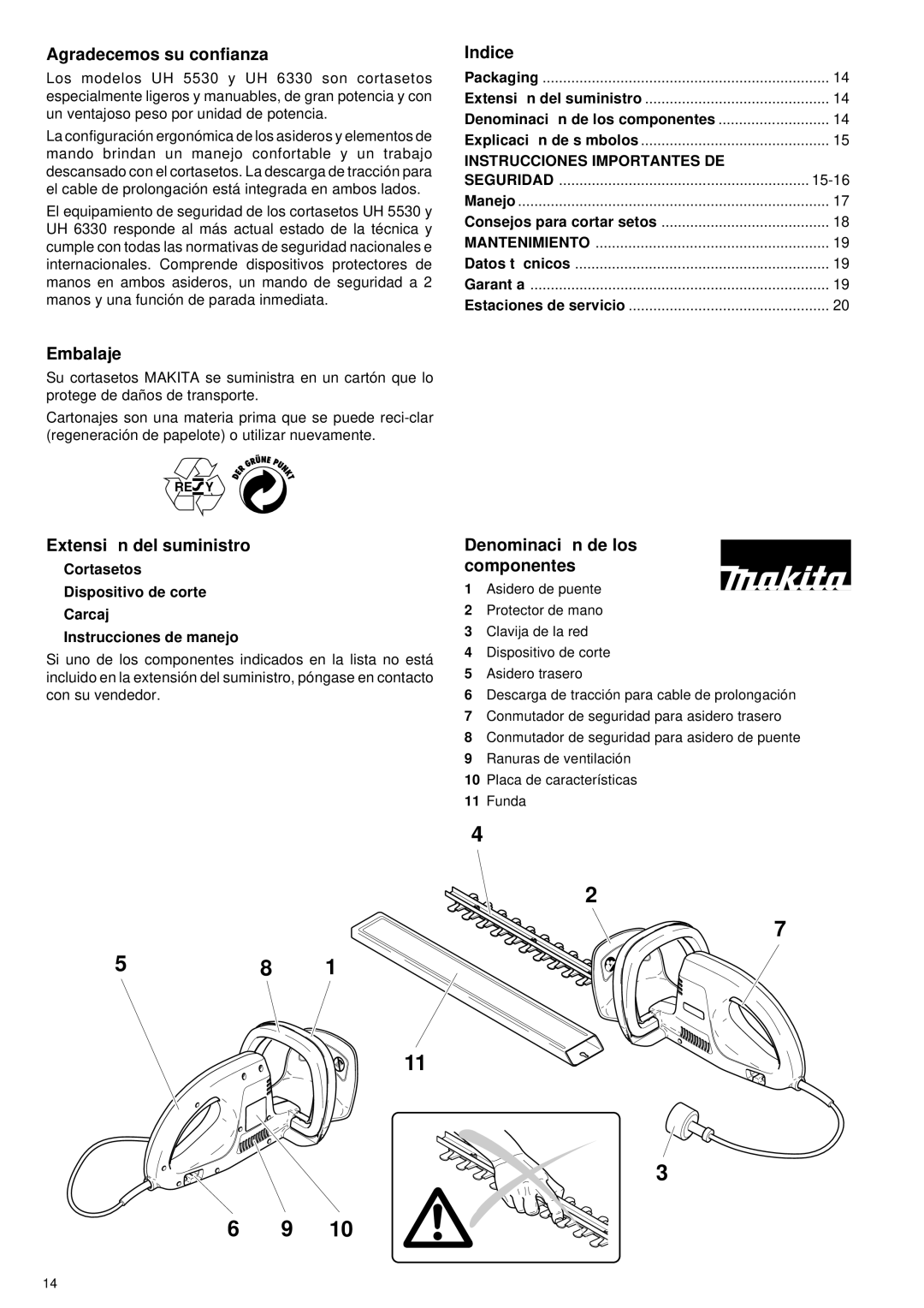 Makita UH 5530, UH 6330 manual Agradecemos su confianza, Indice, Embalaje, Extensió n del suministro 