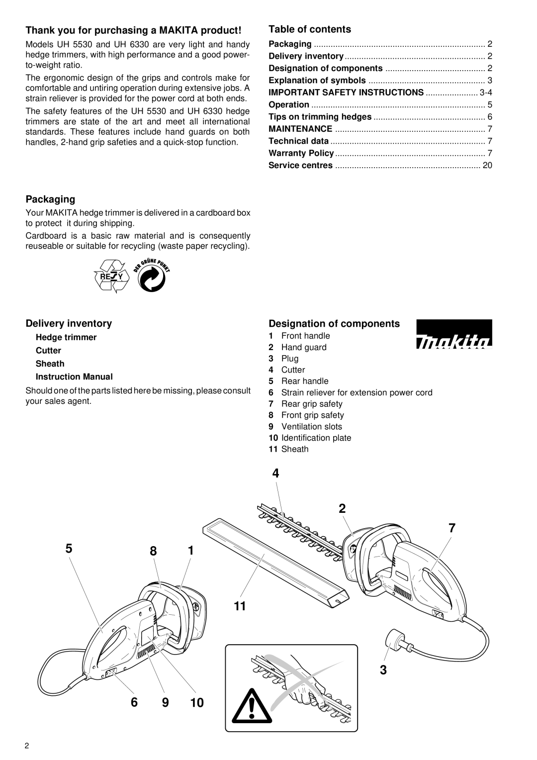 Makita UH 5530, UH 6330 manual Thank you for purchasing a Makita product, Packaging, Table of contents, Delivery inventory 