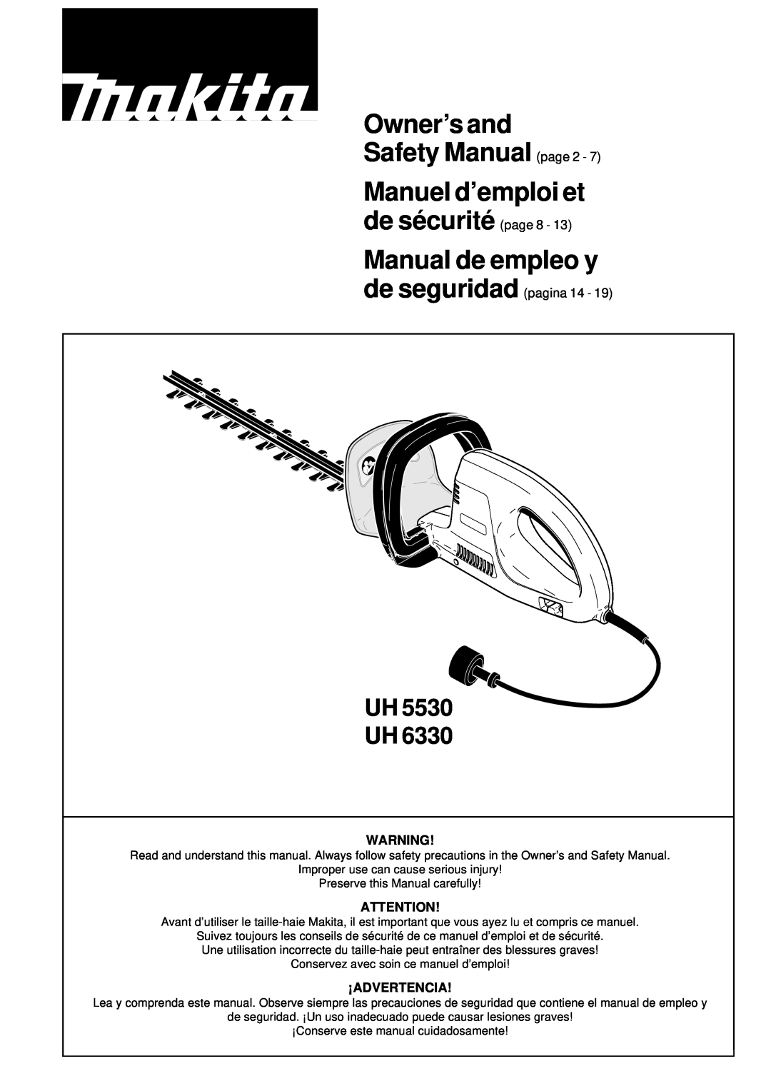 Makita UH 5530, UH 6330 manual Owner’s and Safety Manual page, Manual de empleo y, Uh Uh 