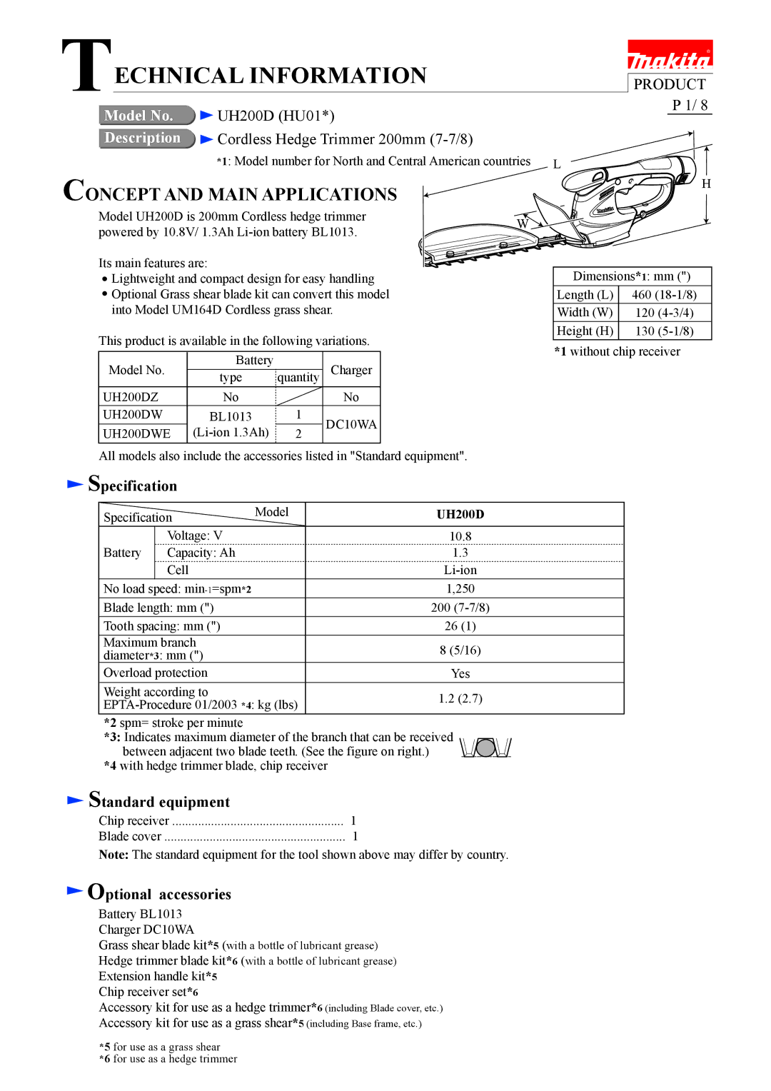 Makita UH200D (HU01*) specifications Specification, Standard equipment, Optional accessories 