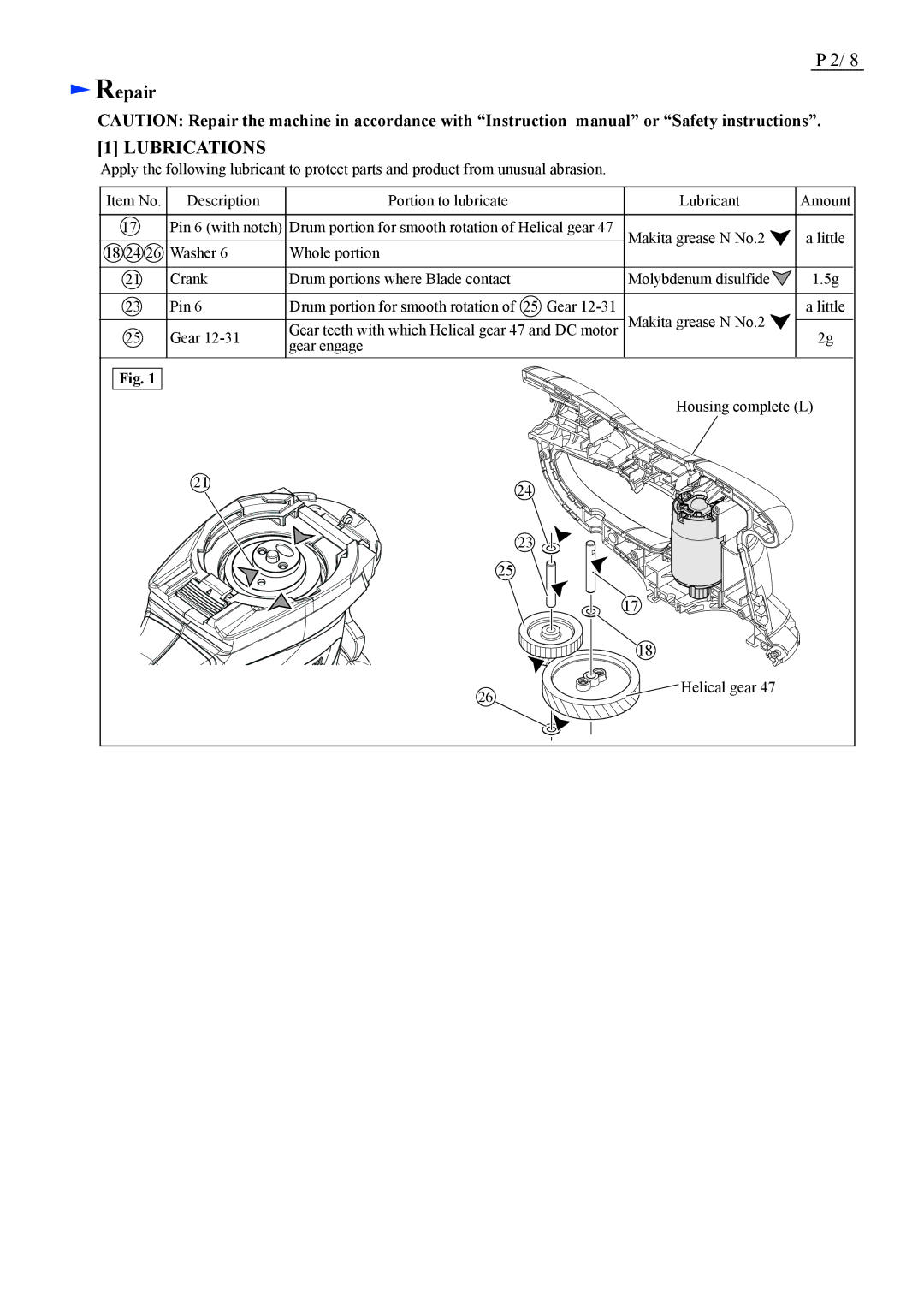 Makita UH200D (HU01*) specifications Repair, Lubrications 