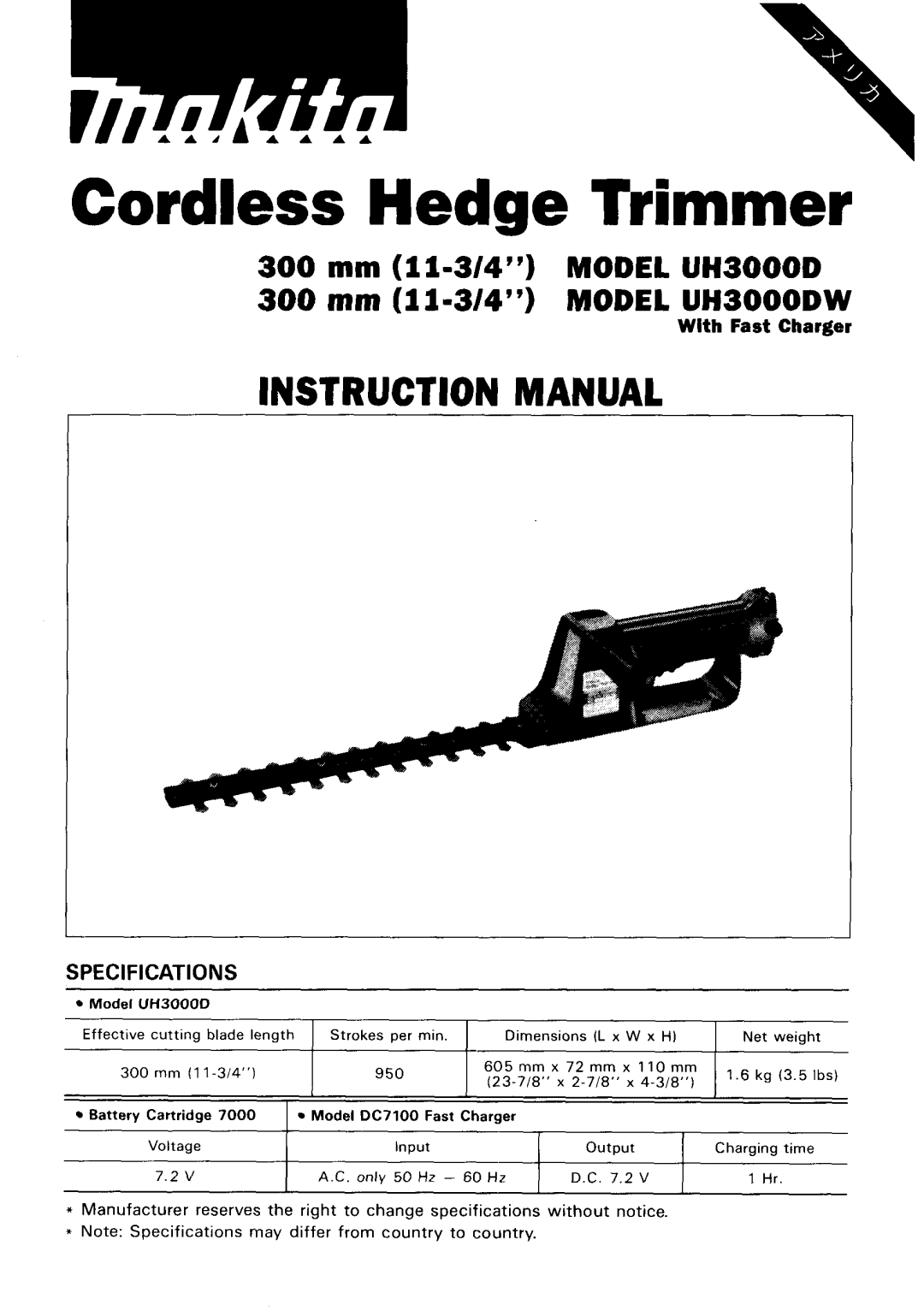 Makita UH3000DW instruction manual Cordless Hedge Trimmer 