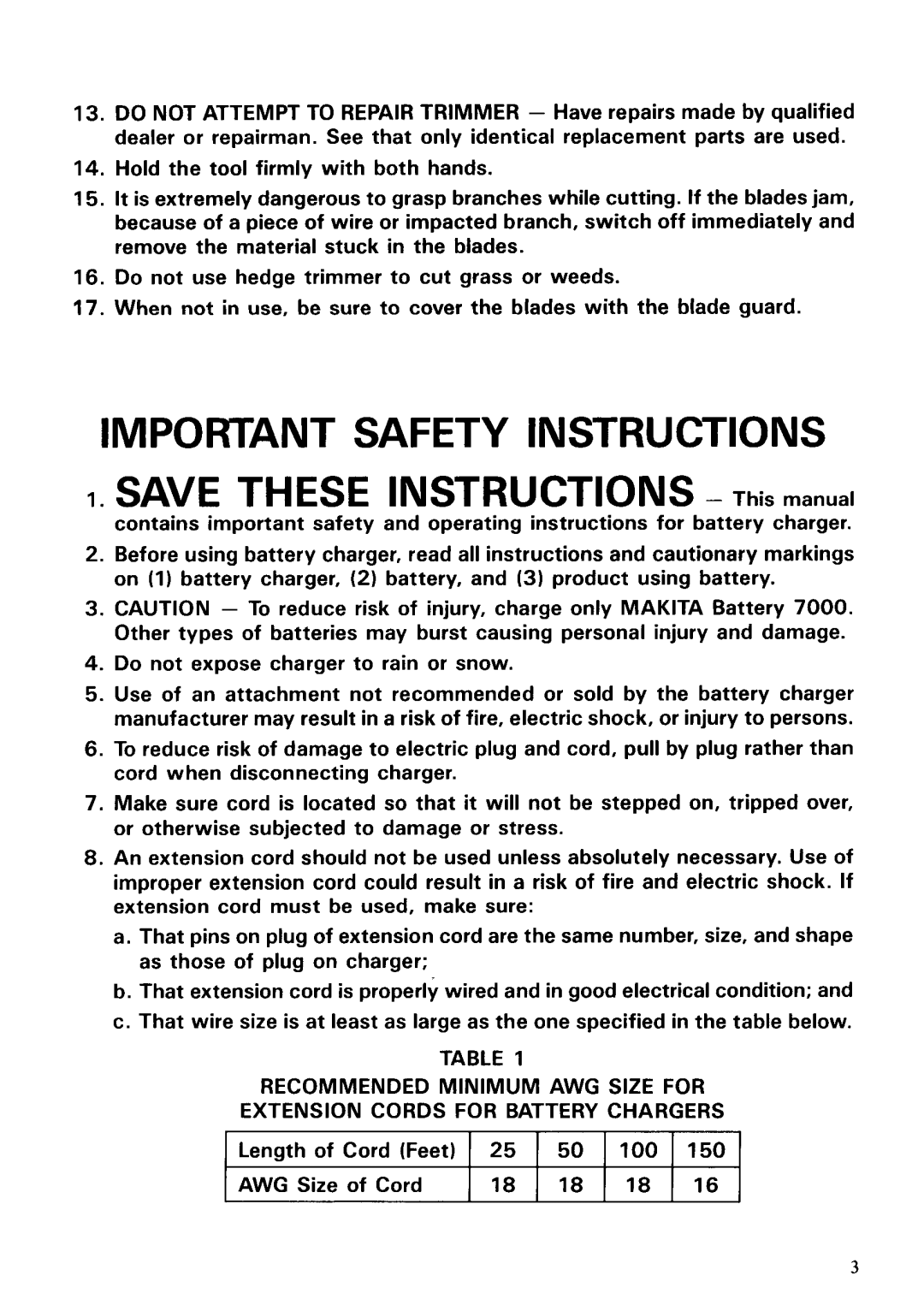 Makita UH3000DW instruction manual Length of Cord Feet 25 50 100 AWG Size of Cord 18 18 18 