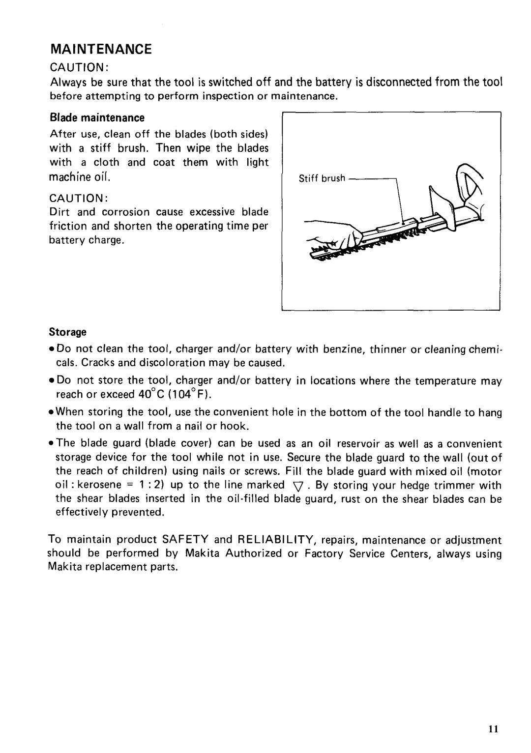 Makita UH303DST instruction manual Maintenance, Blade maintenance, Storage 