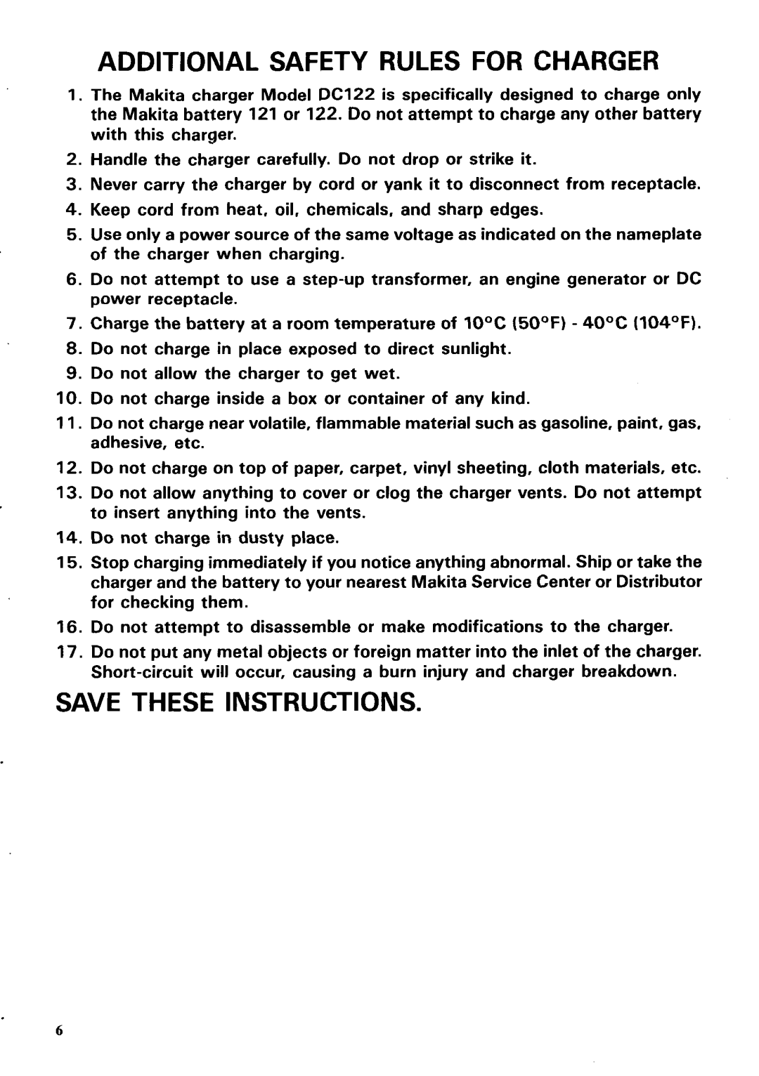 Makita UH303DST instruction manual Additional Safety Rules For Charger, Save These Instructions 