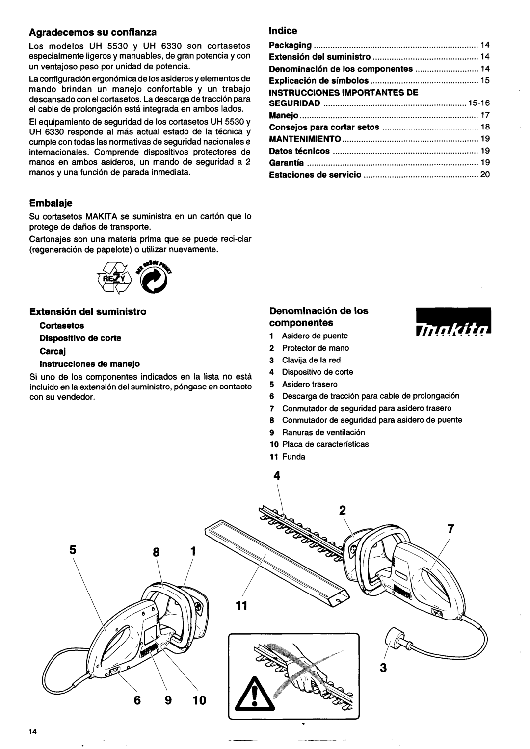 Makita UH5530, UH6330 Agradecemos su confianza, Embalaje, Extension del suministro, Lndice, Denominacionde los componentes 