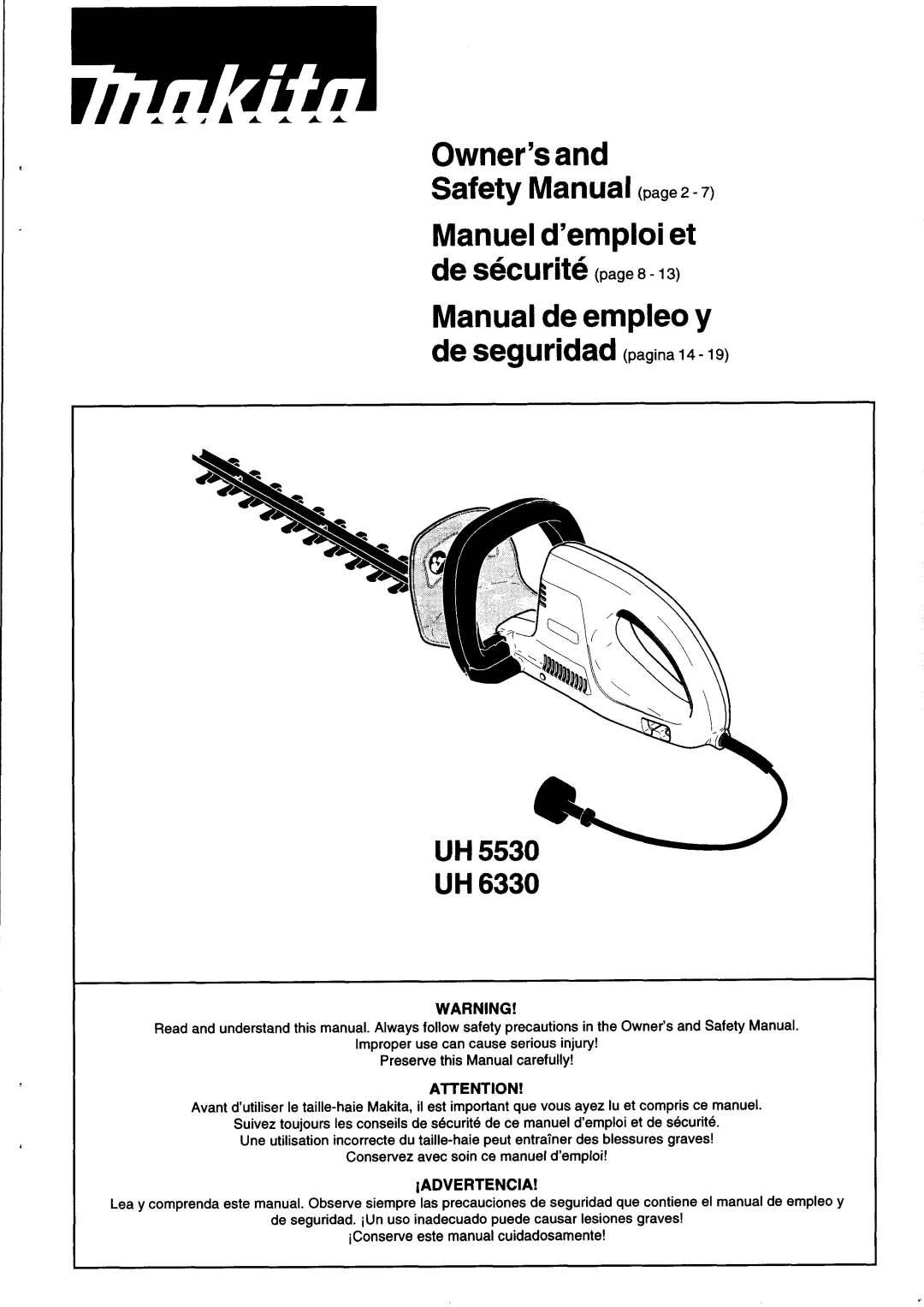 Makita UH6330 manual UH5530ed UH, Iadvertencia, Owner’sand Safety Manualpage, Manueld’emploiet de SeCUrite page 8 