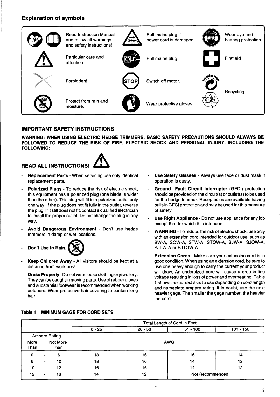 Makita UH6330 Explanationof symbols, Important Safety Instructions, READ ALL INSTRUCTIONS! h, Minimum Gage For Cord Sets 