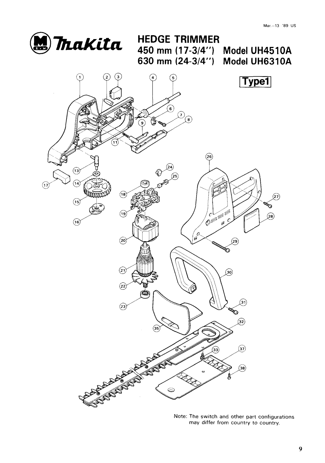 Makita UH4510A, UH6310A dimensions Hedge Trimmer 