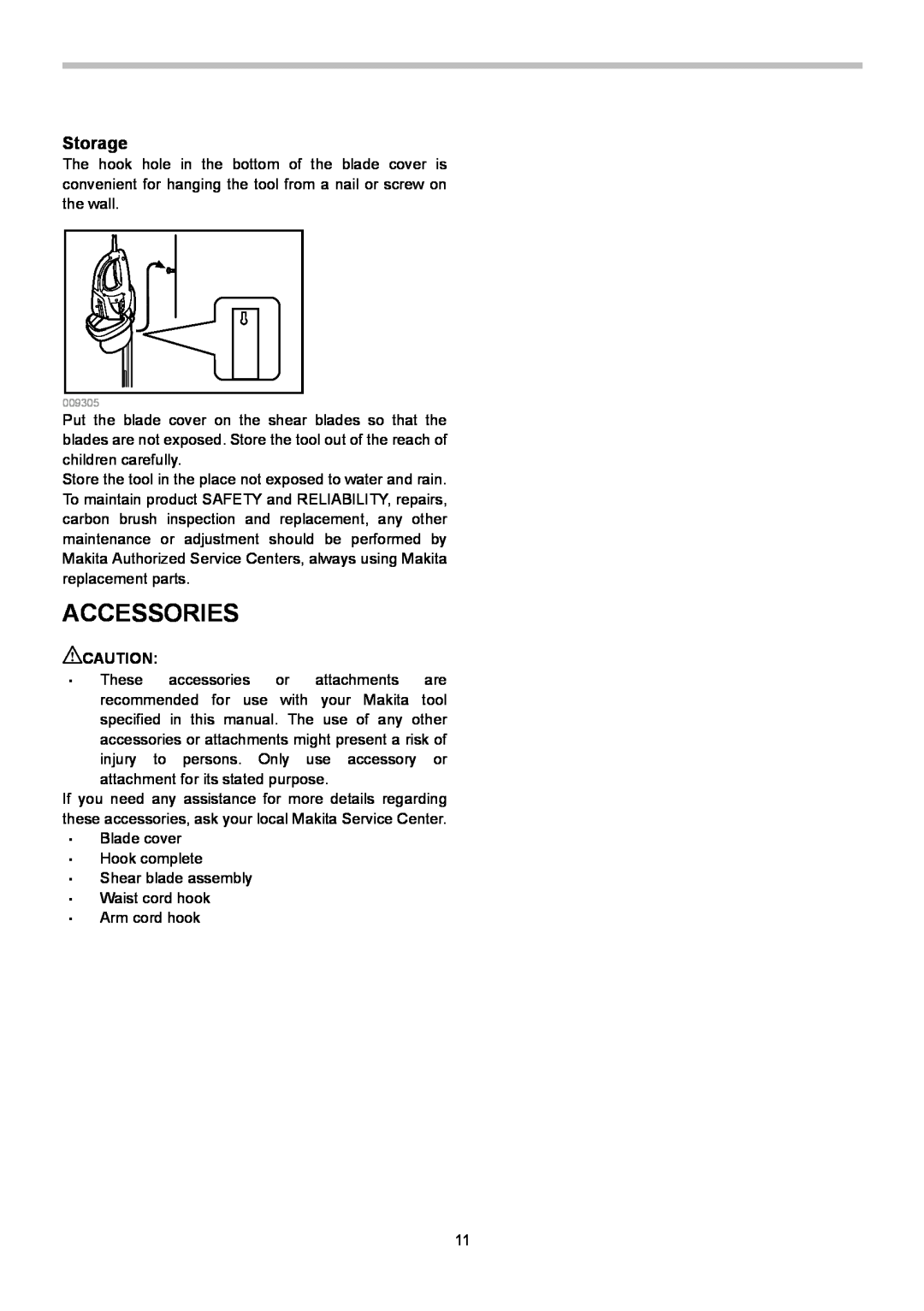 Makita UH4570, UH6570, UH5570 instruction manual Accessories, Storage 