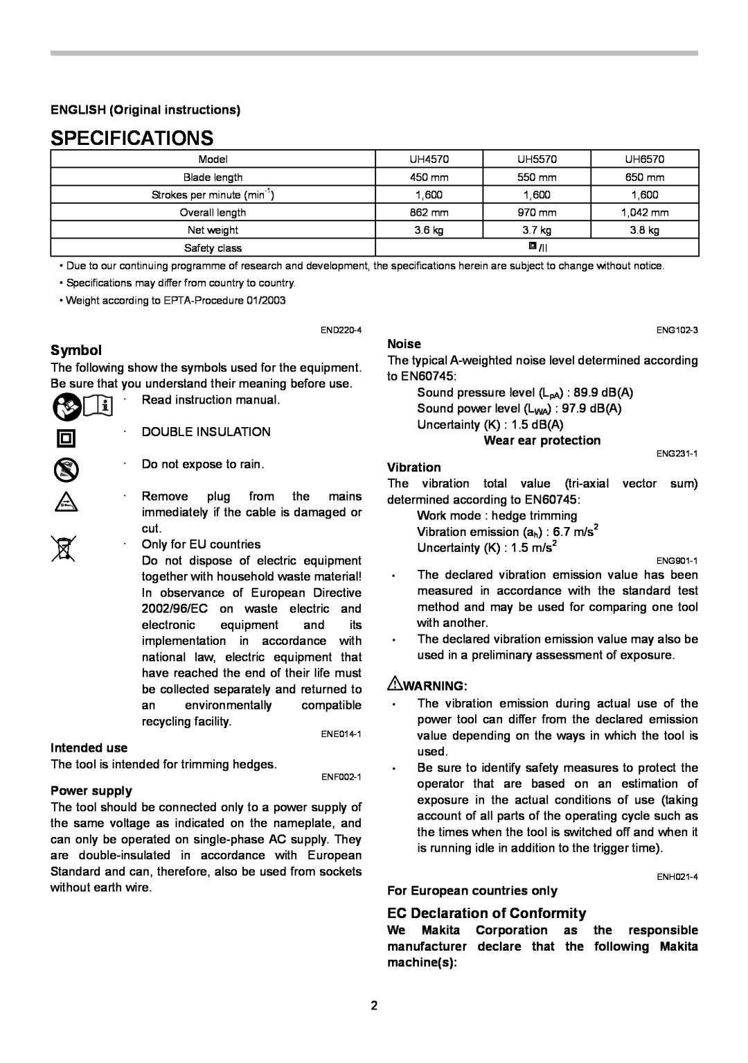 Makita UH4570, UH6570, UH5570 instruction manual Specifications, Symbol, EC Declaration of Conformity 