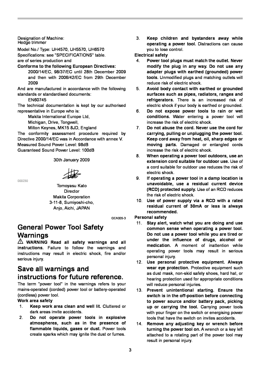 Makita UH6570, UH5570, UH4570 General Power Tool Safety Warnings, Save all warnings and instructions for future reference 