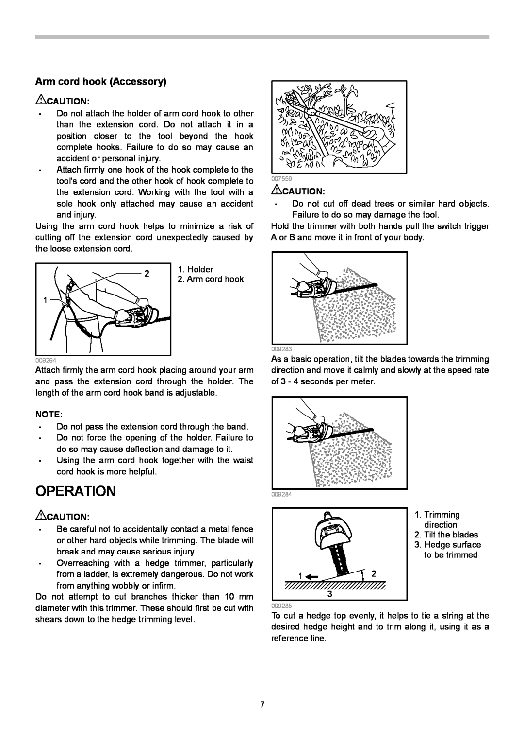 Makita UH5570, UH6570, UH4570 instruction manual Operation, Arm cord hook Accessory 