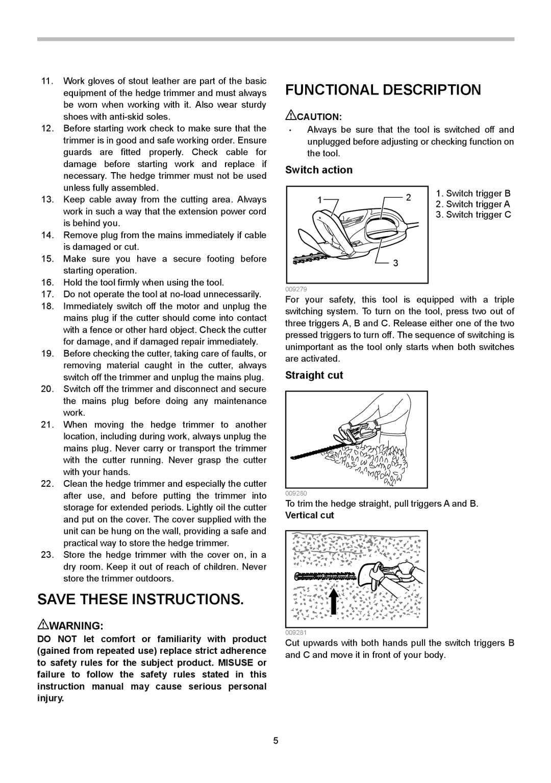 Makita UH4570, UH6570, UH5570 instruction manual Functional Description, Switch action, Straight cut, Vertical cut 