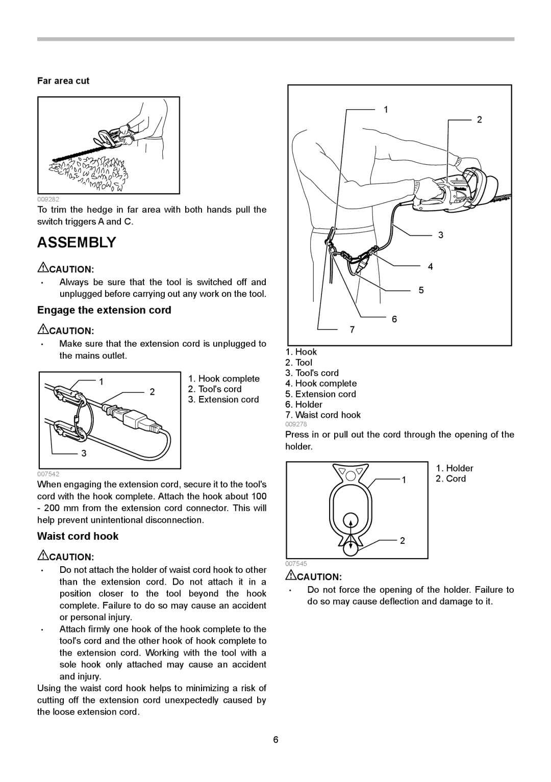 Makita UH6570, UH5570, UH4570 instruction manual Assembly, Engage the extension cord, Waist cord hook, Far area cut 