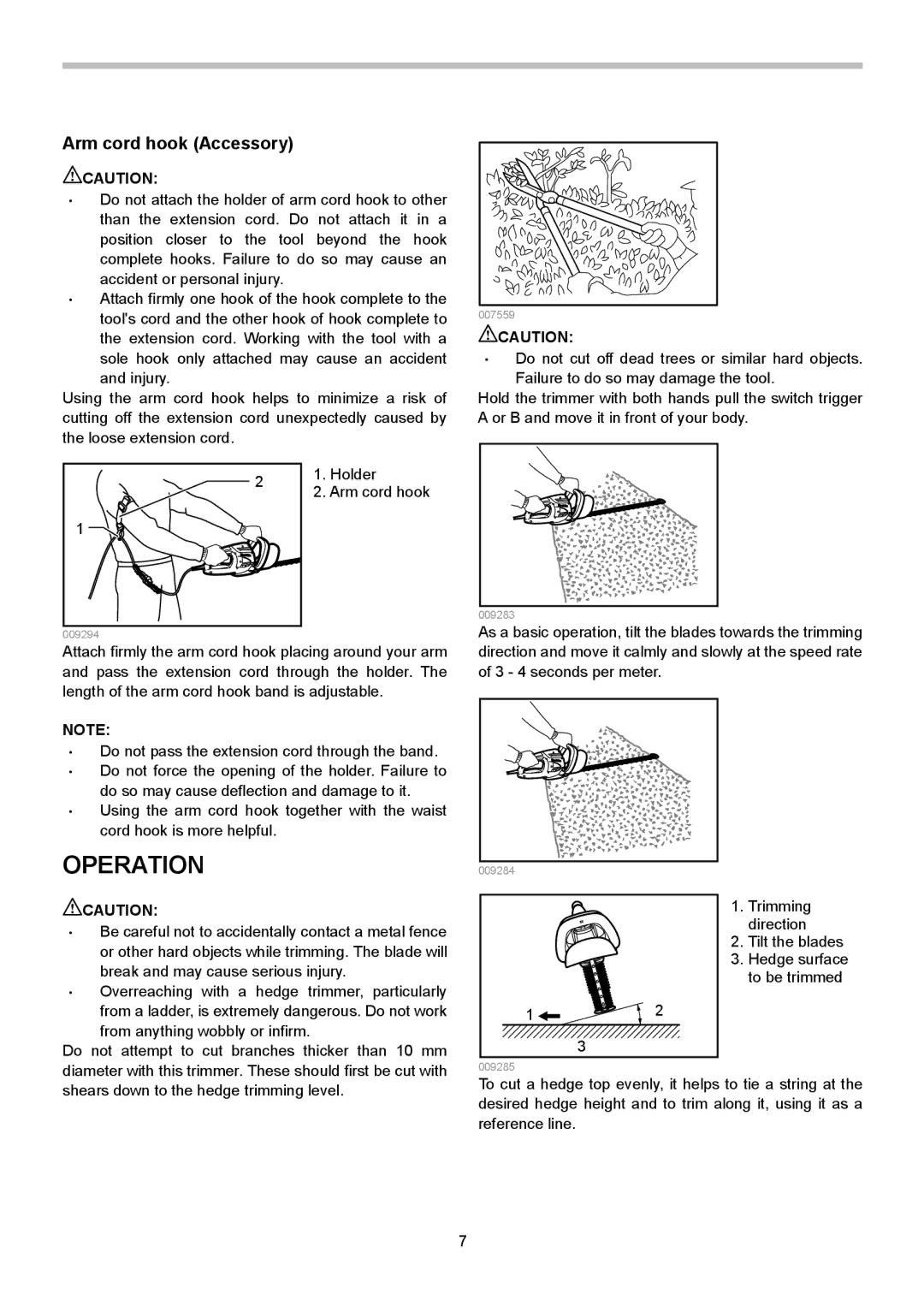 Makita UH5570, UH6570, UH4570 instruction manual Operation, Arm cord hook Accessory 